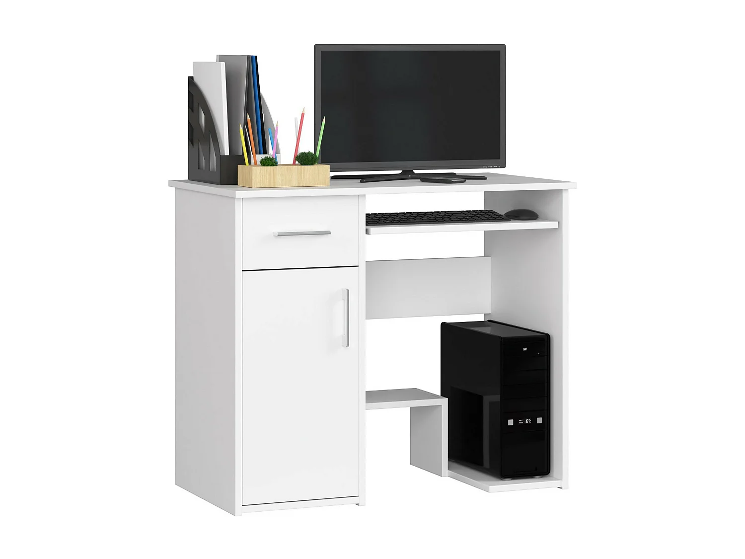 Biurko komputerowe AKORD JAY Białe 90 cm 1 drzwi 1 szuflada kolor Biały mat 3 półki 90x50x74 cm