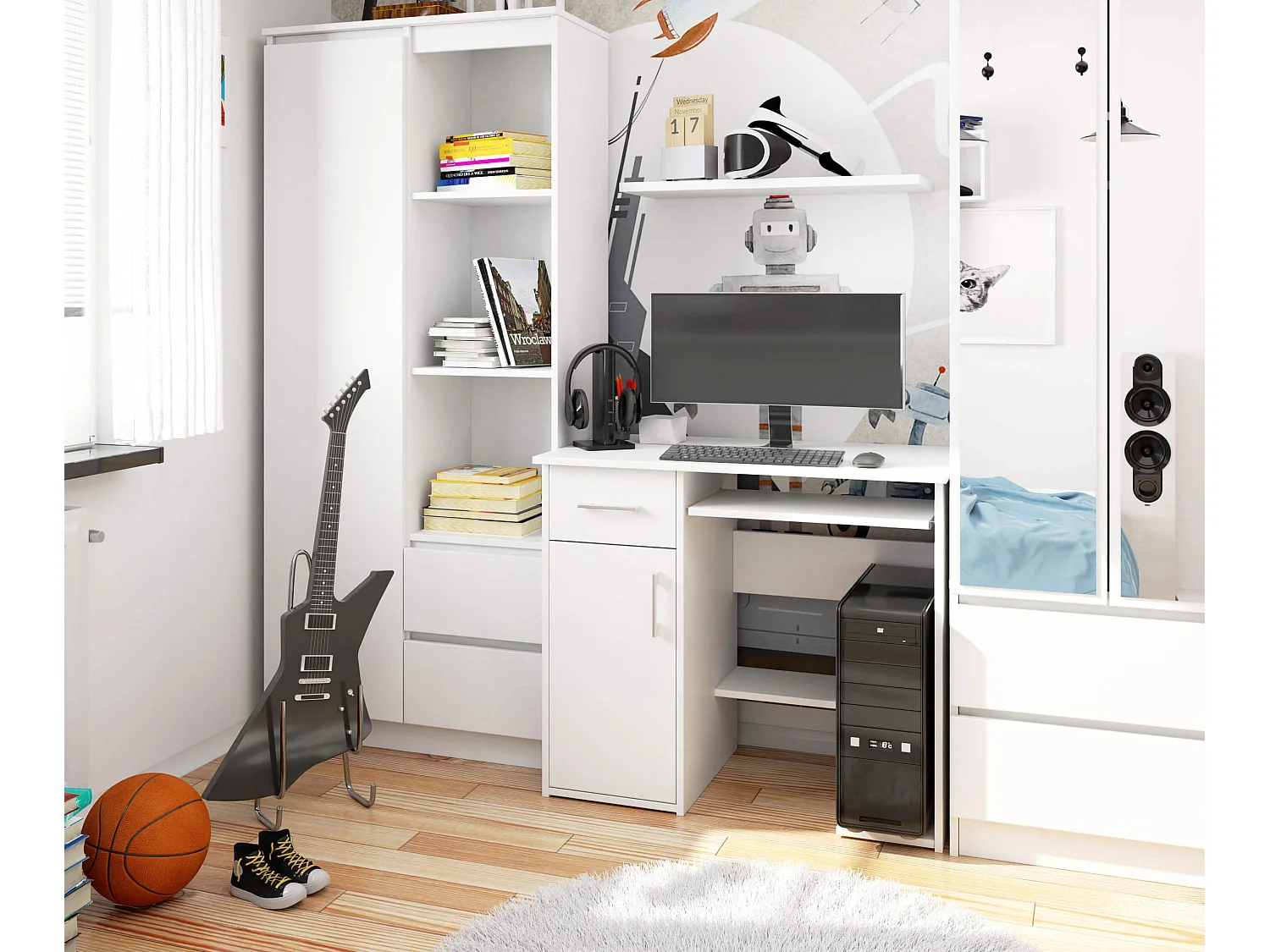 Biurko komputerowe AKORD JAY Białe 90 cm 1 drzwi 1 szuflada kolor Biały mat 3 półki 90x50x74 cm