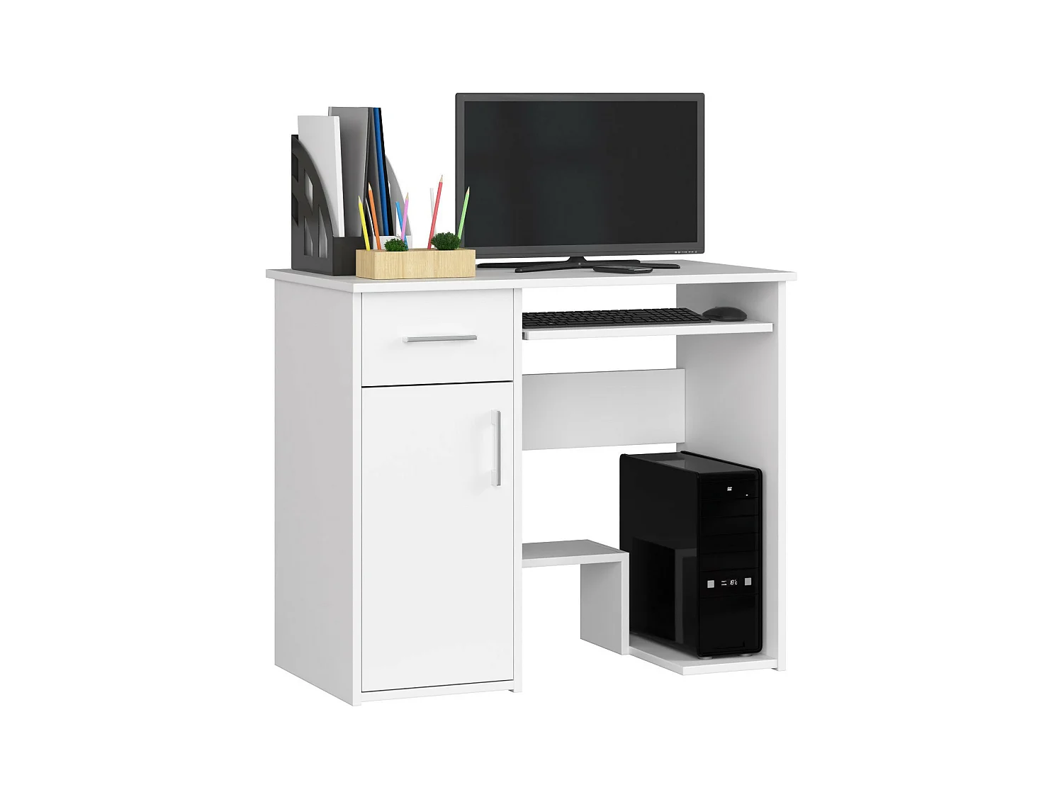 Bureau d'ordinateur AKORD JAY Blanc 90 cm 1 porte 1 tiroir façade Blanche 3 étagères 90x50x74 cm