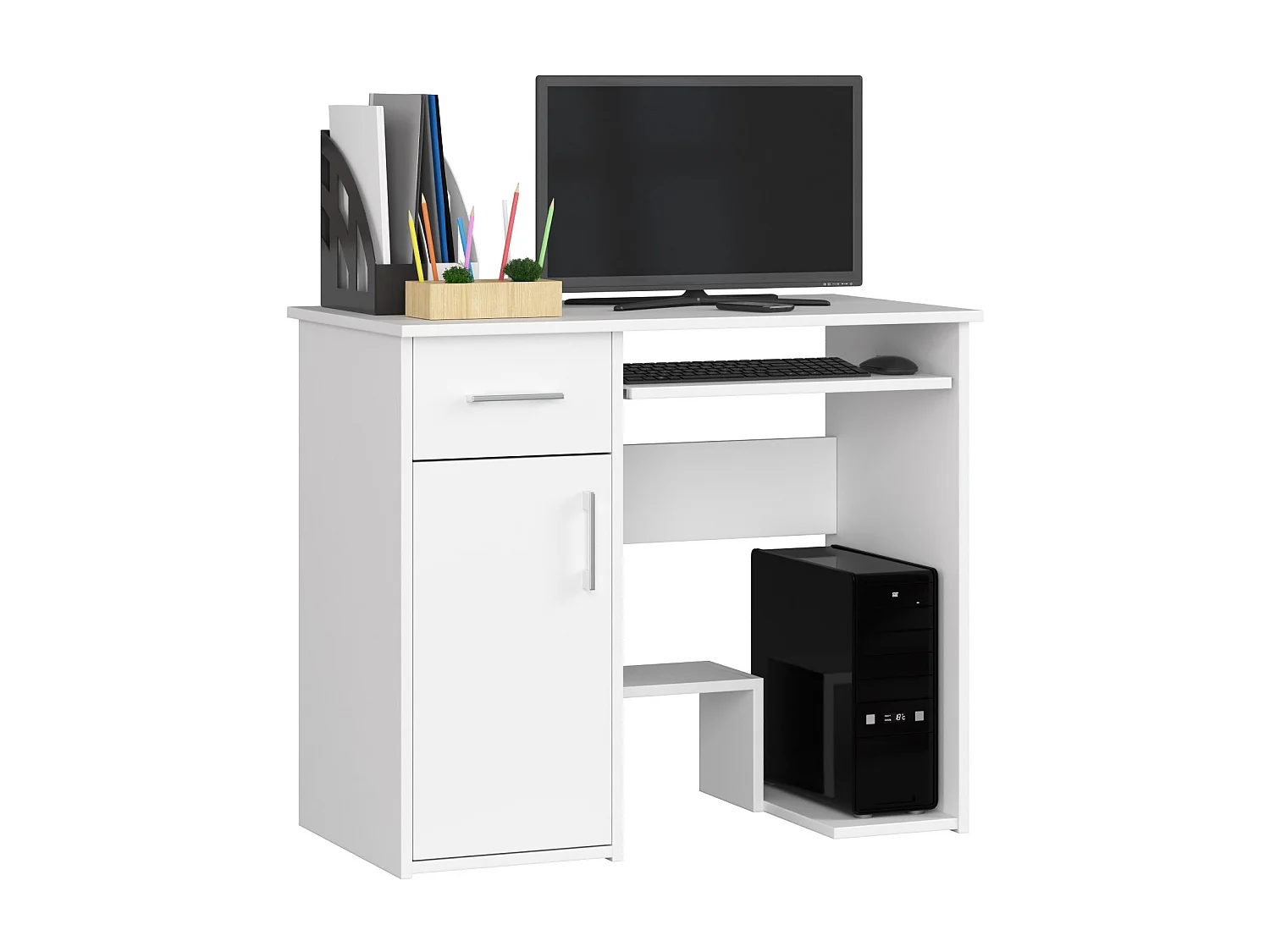Bureau d'ordinateur AKORD JAY Blanc 90 cm 1 porte 1 tiroir façade Blanche 3 étagères 90x50x74 cm