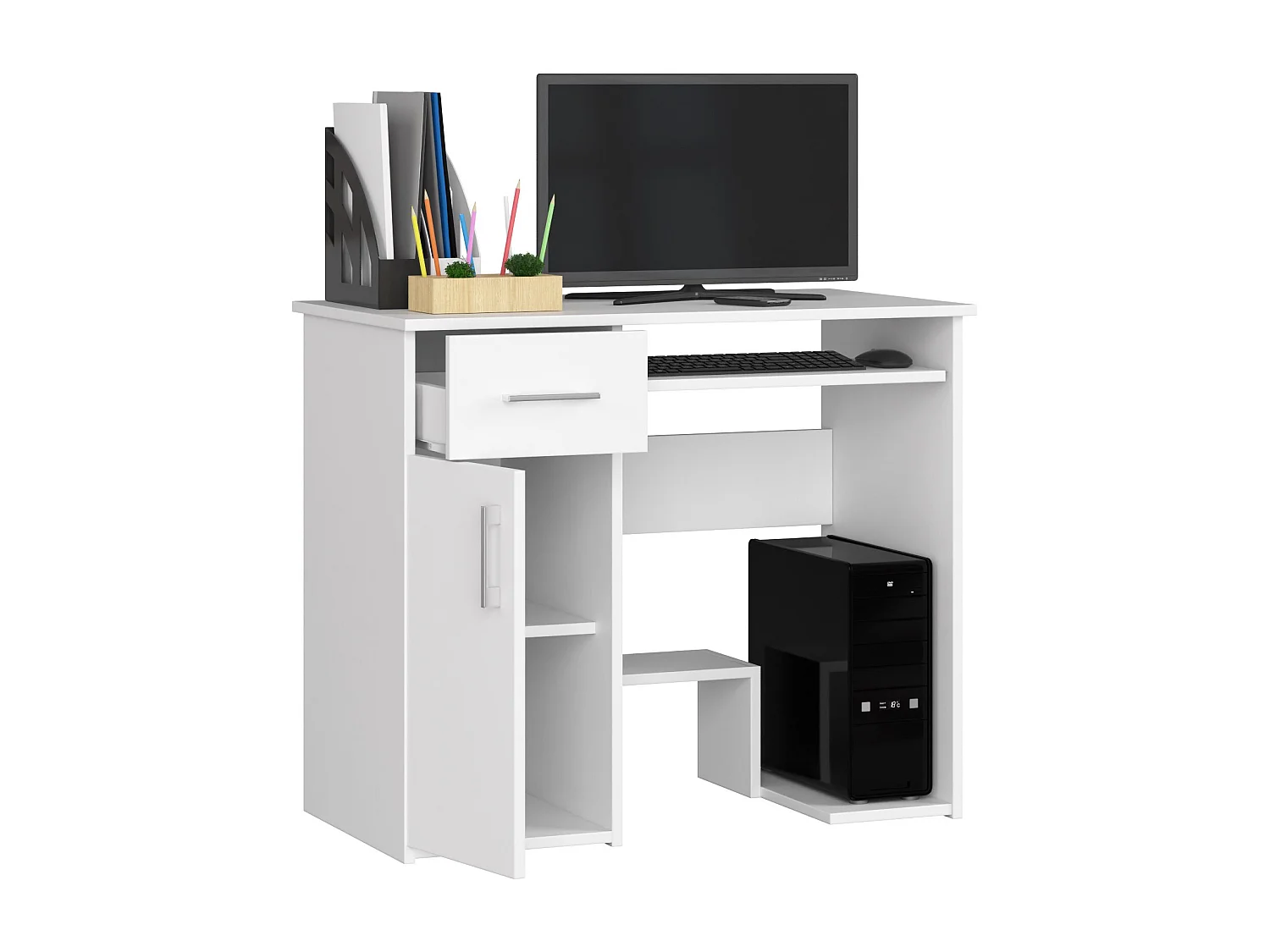 Bureau d'ordinateur AKORD JAY Blanc 90 cm 1 porte 1 tiroir façade Blanche 3 étagères 90x50x74 cm