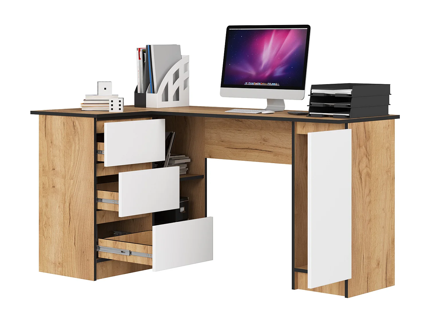 Hoekbureau Links B20 / Computerbureau / Computer Tafel / Bureautafel Links / Craft Eik - Wit / 155 x 77 x 85 cm