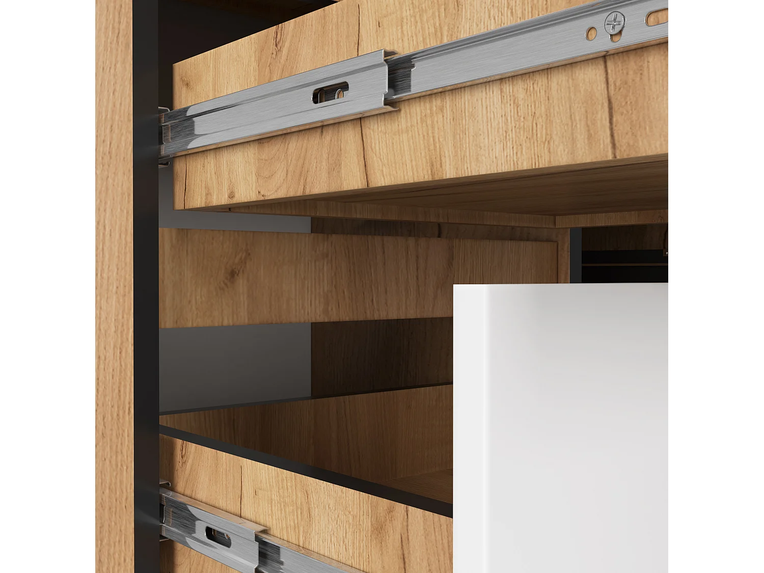 Grand bureau d'angle AKORD gauche B20 Chêne Craft 155 cm 1 porte 3 tiroirs façade Blanche 4 étagères 155x85x77 cm