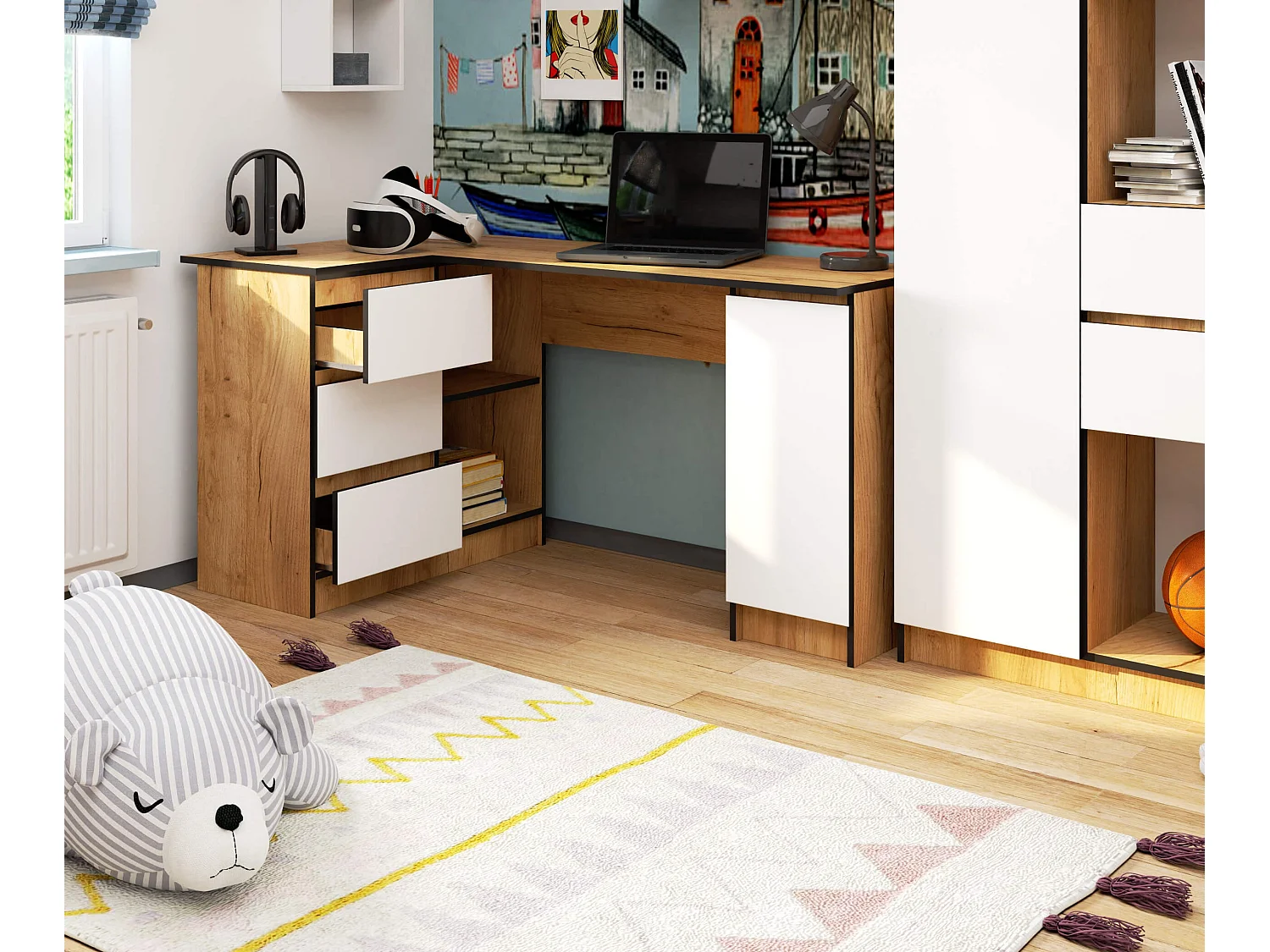 Grand bureau d'angle AKORD gauche B20 Chêne Craft 155 cm 1 porte 3 tiroirs façade Blanche 4 étagères 155x85x77 cm