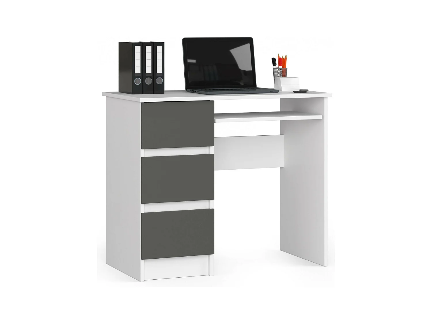 Escritorio de ordenador AKORD A6 Blanco 90 cm con lado izquierdo 3 cajones frente en color Grafito Gris 1 estante 90x50x77 cm