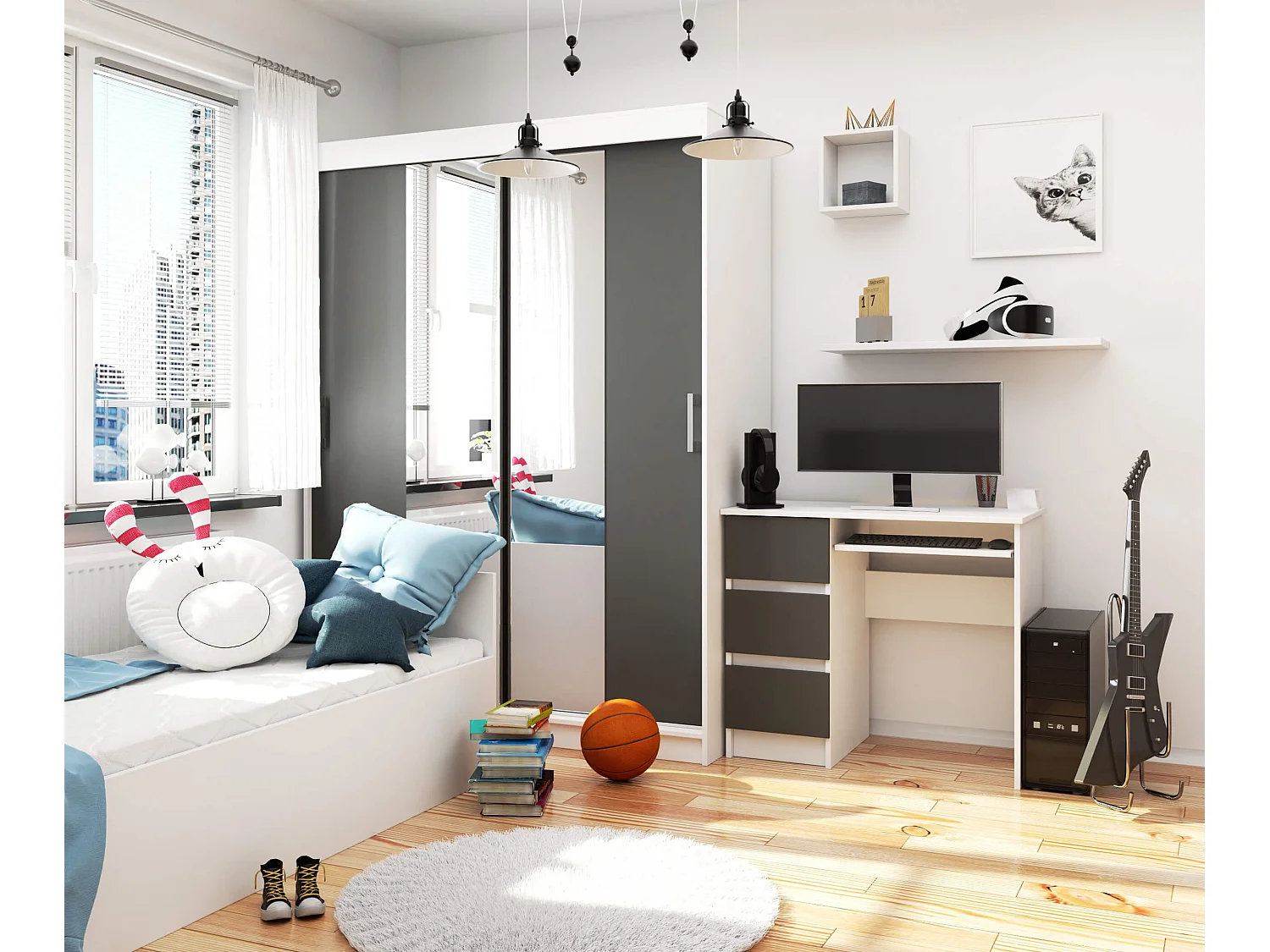 Escritorio de ordenador AKORD A6 Blanco 90 cm con lado izquierdo 3 cajones frente en color Grafito Gris 1 estante 90x50x77 cm