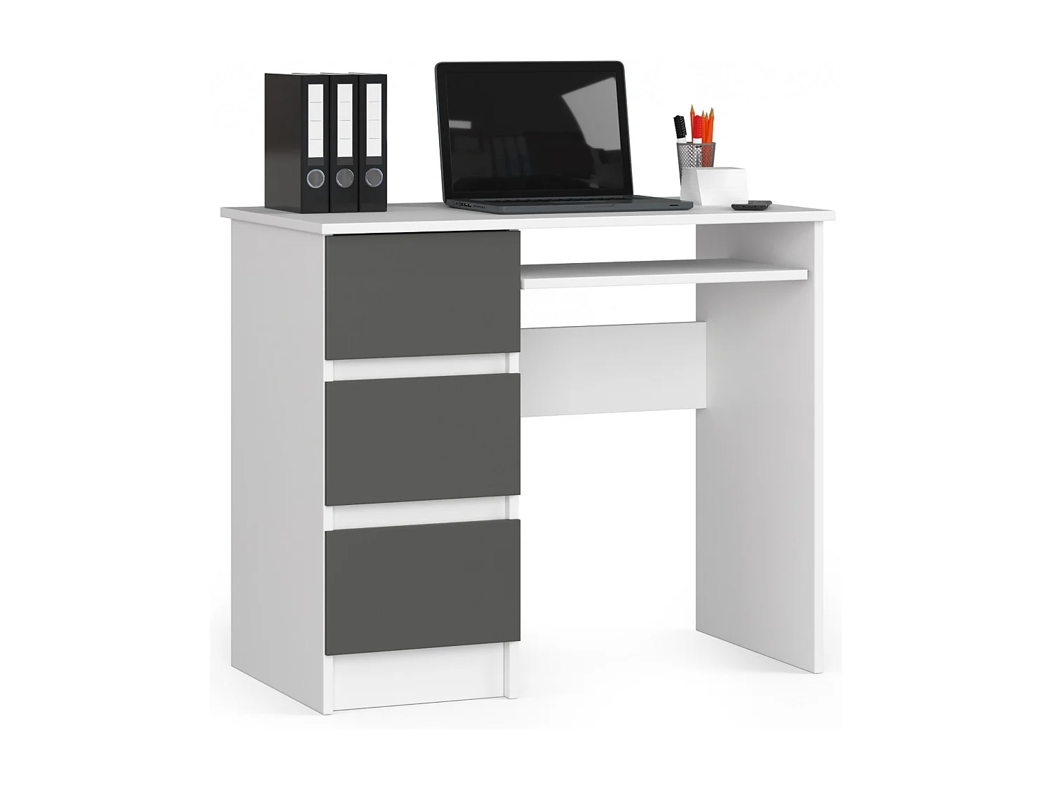 Bureau d'ordinateur AKORD gauche A6 Blanc 90 cm 3 tiroirs façade Gris Graphite 1 étagère 90x50x77 cm