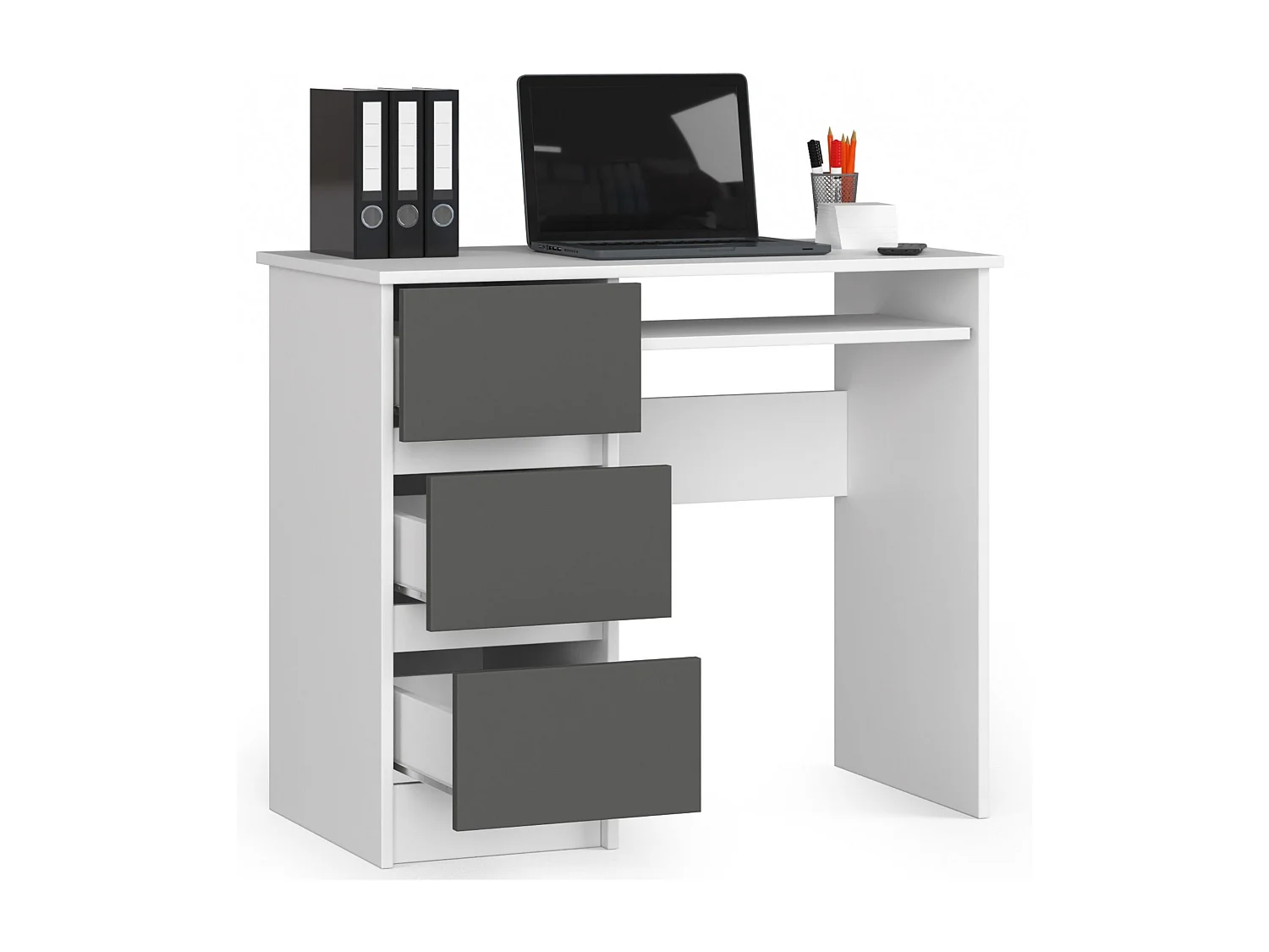 Bureau d'ordinateur AKORD gauche A6 Blanc 90 cm 3 tiroirs façade Gris Graphite 1 étagère 90x50x77 cm