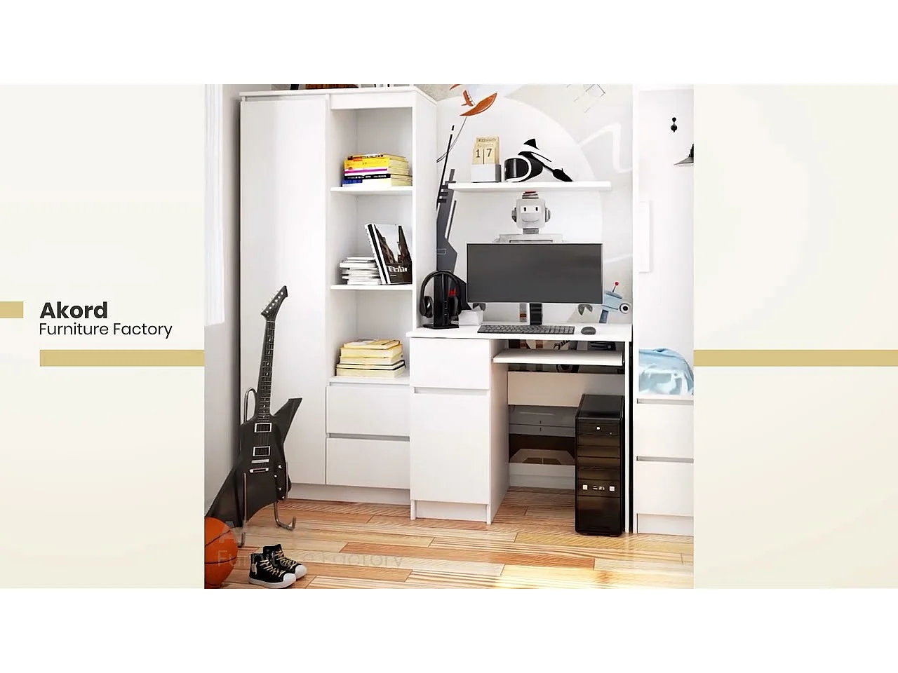 Bureau d'ordinateur AKORD gauche PIKSEL Blanc 90 cm 1 porte 1 tiroir façade Noir Brillant 3 étagères 90x50x77 cm