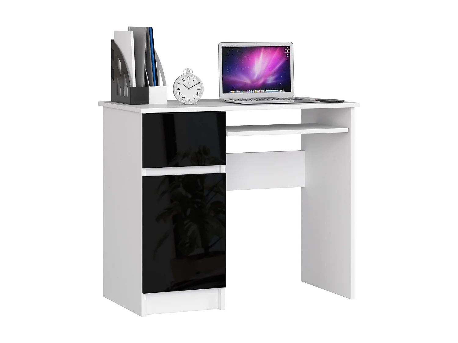 Bureau d'ordinateur AKORD gauche PIKSEL Blanc 90 cm 1 porte 1 tiroir façade Noir Brillant 3 étagères 90x50x77 cm