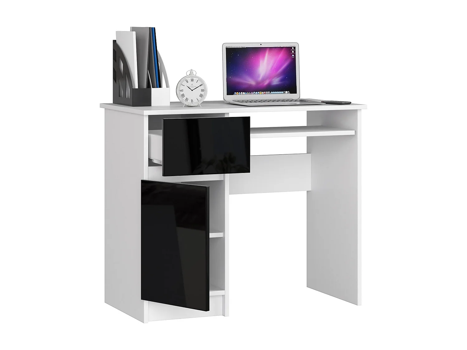 Bureau d'ordinateur AKORD gauche PIKSEL Blanc 90 cm 1 porte 1 tiroir façade Noir Brillant 3 étagères 90x50x77 cm