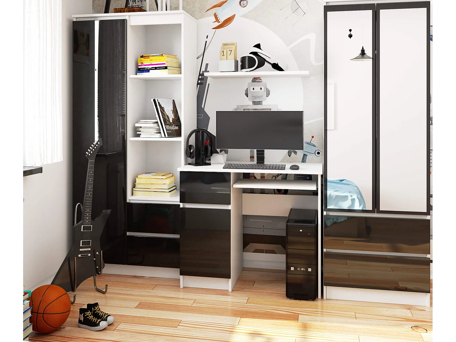 Bureau d'ordinateur AKORD gauche PIKSEL Blanc 90 cm 1 porte 1 tiroir façade Noir Brillant 3 étagères 90x50x77 cm