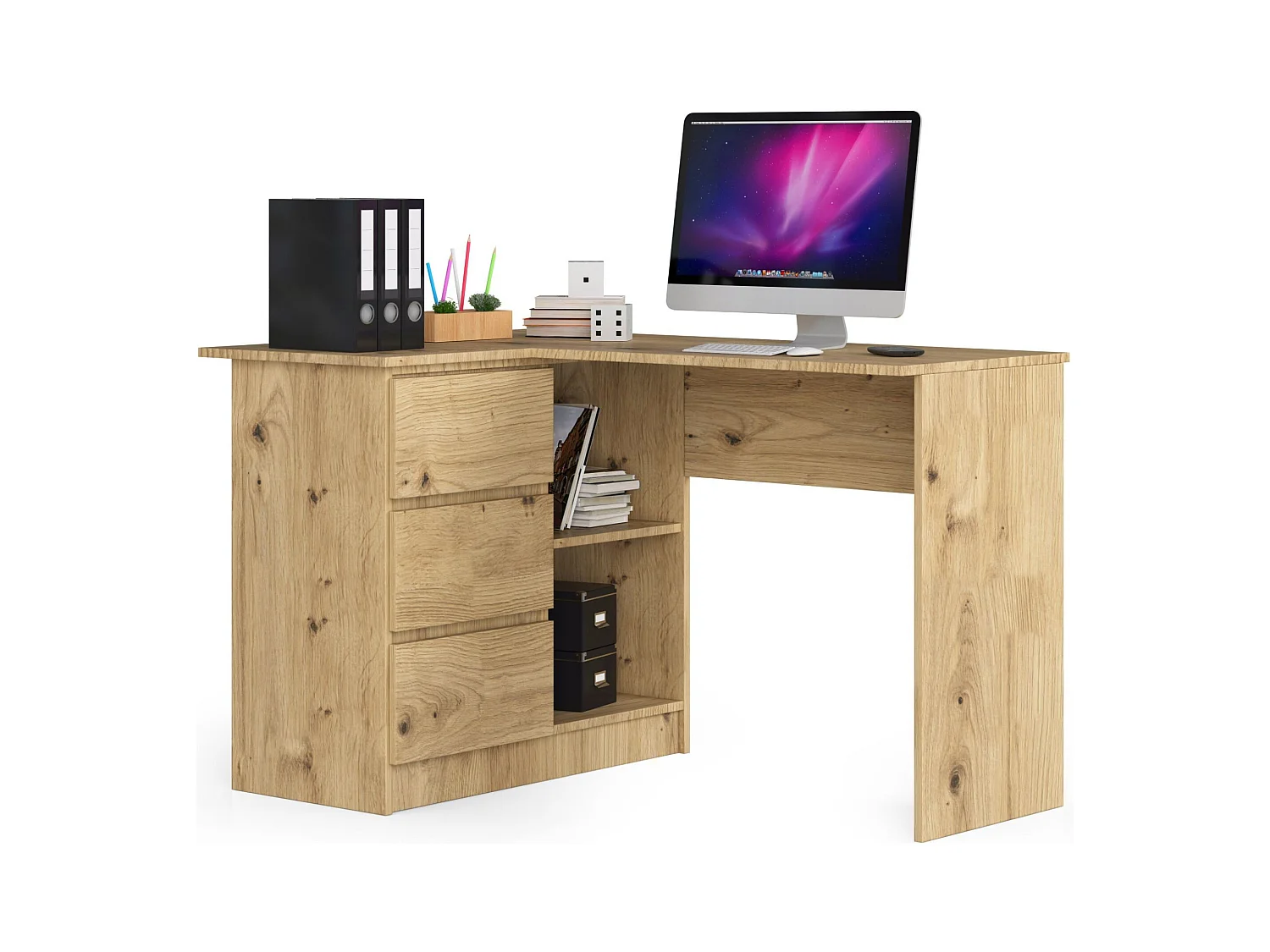 Hoekbureau B16 Links Dąb Artisan - Stijlvol en Praktisch met 3 Laden en 2 Planken