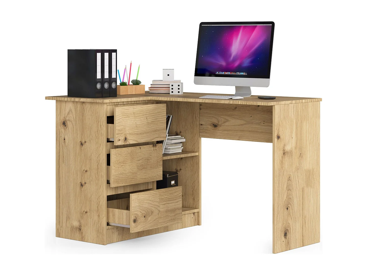 Bureau AKORD d'angle gauche B16 Chêne Artisan 124 cm 3 tiroirs façade Chêne Artisan 2 étagères 124x85x77 cm