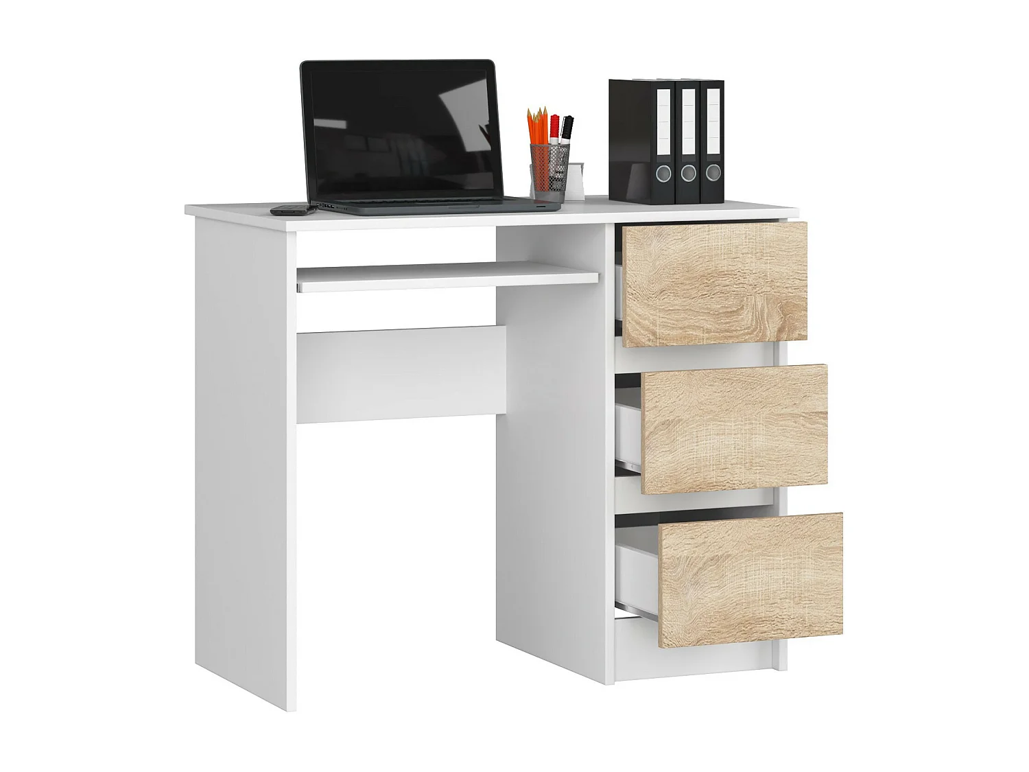 PC-Schreibtisch AKORD A6 rechts in der Farbe Weiß mit 3 Schubladen Front Sonoma-Eiche und 1 Ablagen B90 x H77 x T50 cm