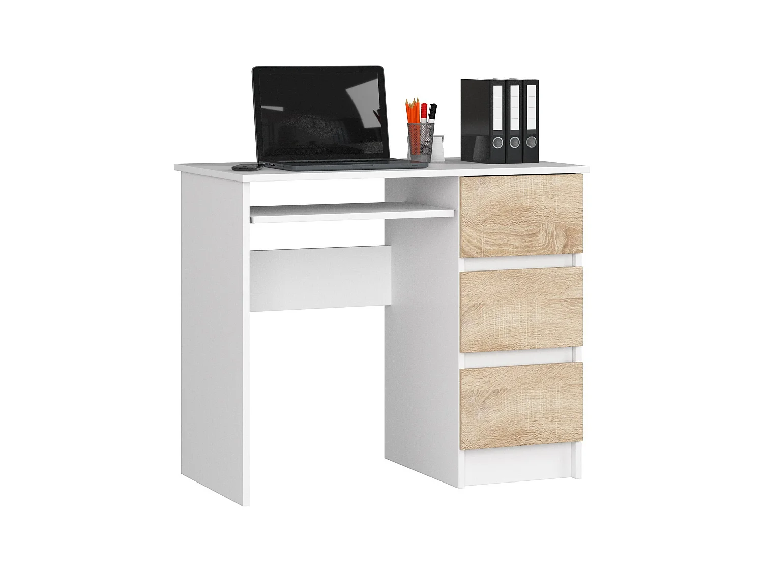 Bureau d'ordinateur AKORD droit A6 Blanc 90 cm 3 tiroirs façade Chêne Sonoma 1 étagère 90x50x77 cm