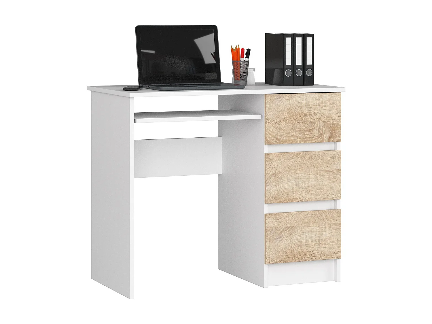 Bureau Computertafel A-6 90 cm Rechts Wit/Eiken Sonoma - Praktisch & Stijlvol met 3 Lades en Uitschuifbaar Toetsenbordblad
