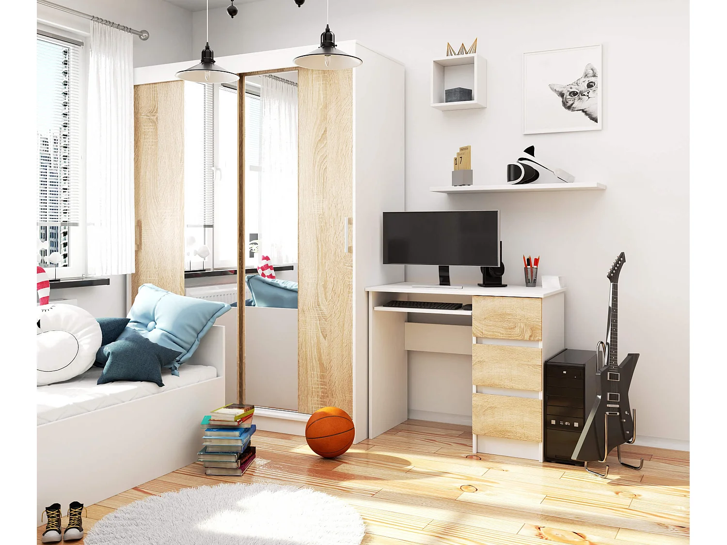 Bureau Computertafel A-6 90 cm Rechts Wit/Eiken Sonoma - Praktisch & Stijlvol met 3 Lades en Uitschuifbaar Toetsenbordblad