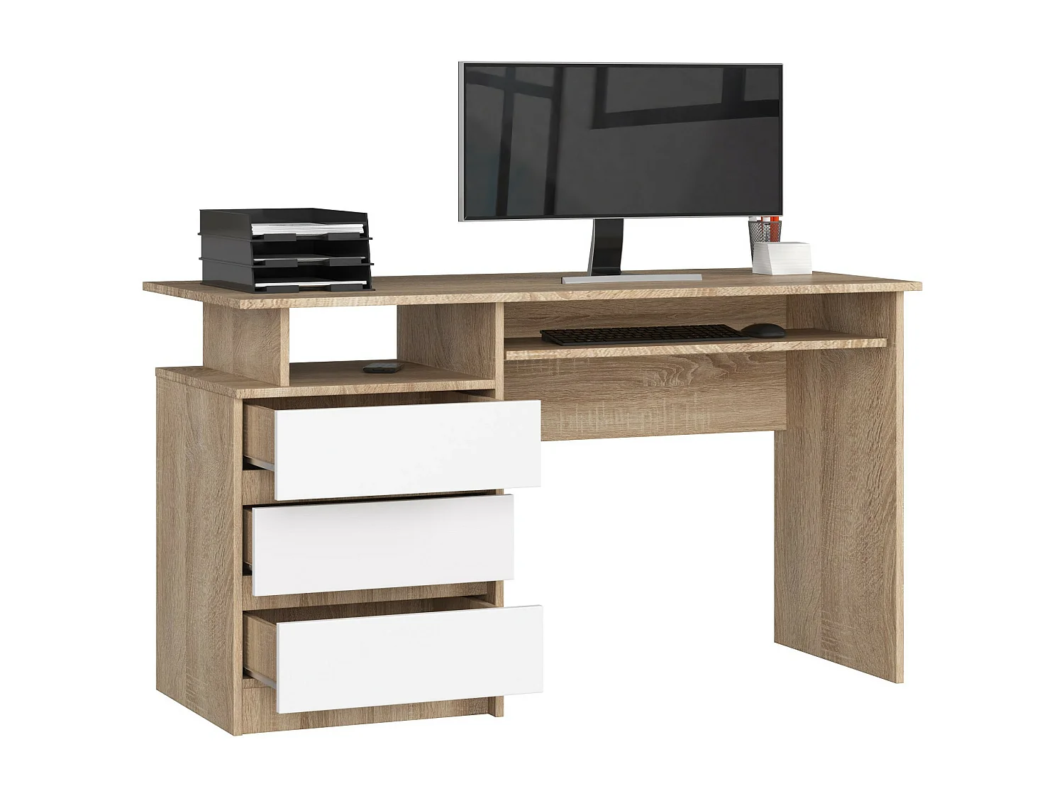 Sonoma Eiken & Wit Bureau met Laden - Zelfmontage, 135cm, Functioneel Design