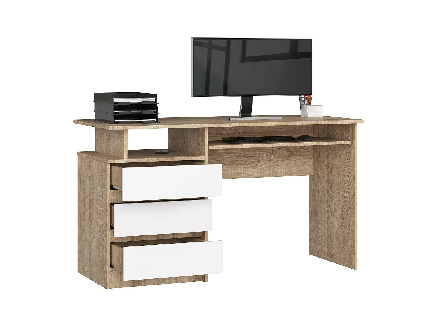 Bureau d'ordinateur AKORD CLP Chêne Sonoma 135 cm 3 tiroirs façade Blanche 2 étagères 135x60x77 cm