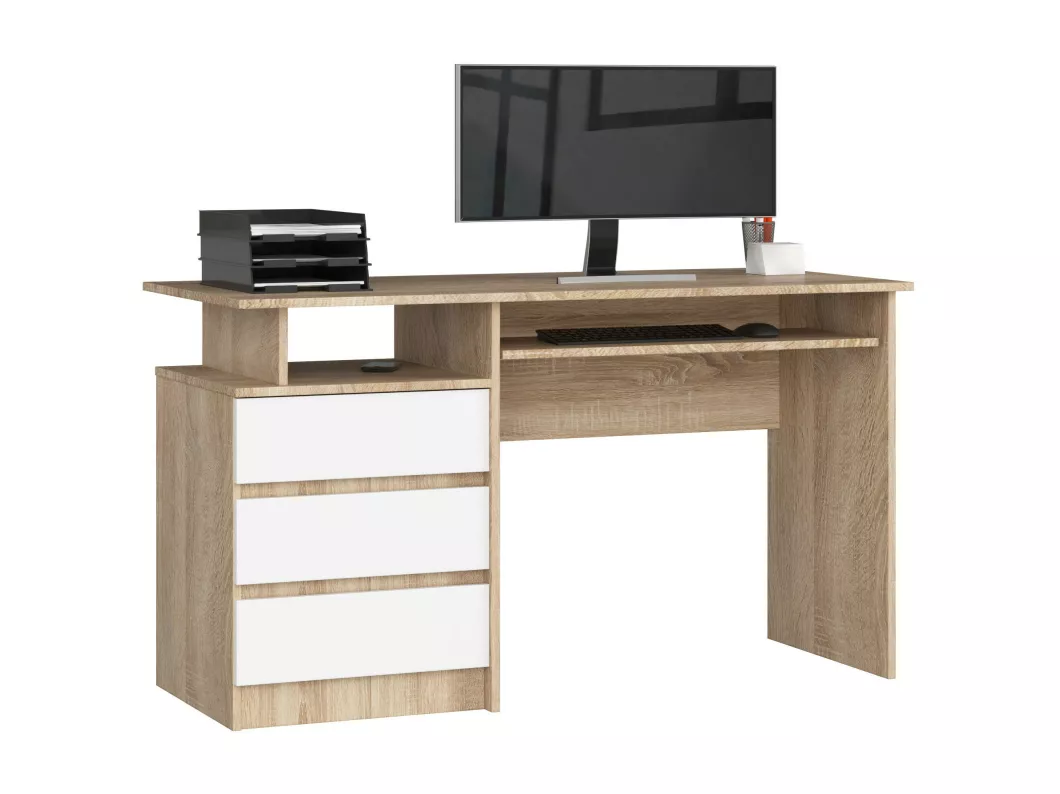 Kauf Unique PC-Schreibtisch AKORD CLP in der Farbe Sonoma-Eiche mit 3 Schubladen Front Weiß und 2 Ablagen B135 x H77 x T60 cm