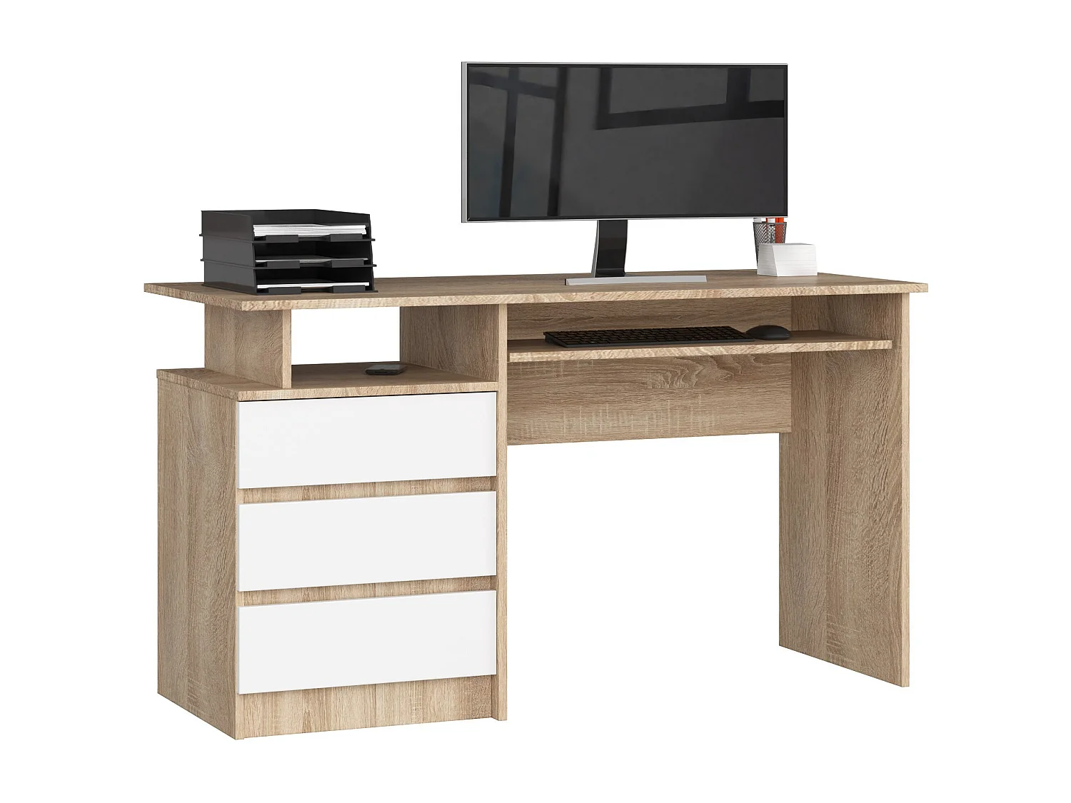 Bureau d'ordinateur AKORD CLP Chêne Sonoma 135 cm 3 tiroirs façade Blanche 2 étagères 135x60x77 cm