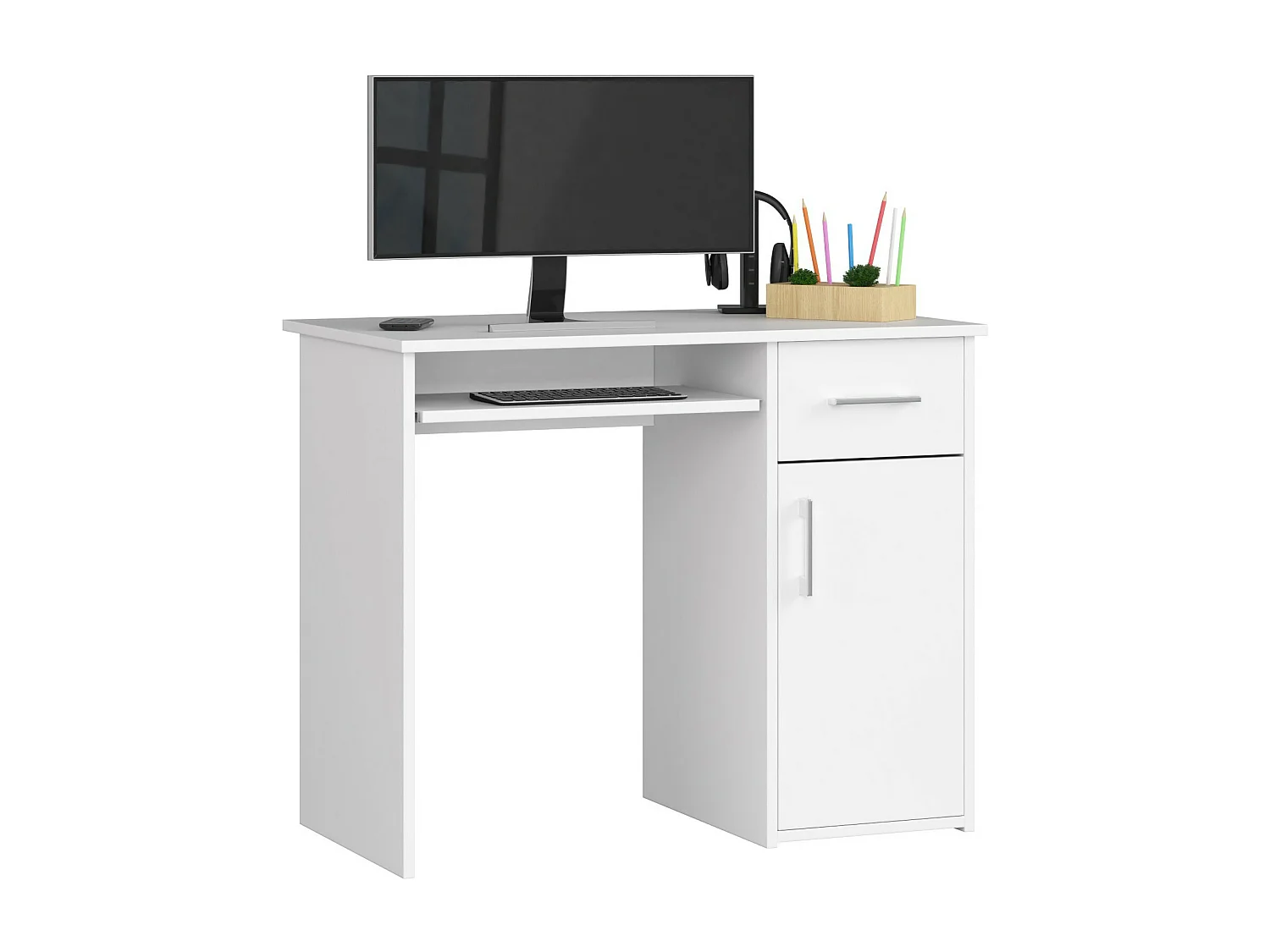 Bureau d'ordinateur AKORD PIN Blanc 90 cm 1 porte 1 tiroir façade Blanche 3 étagères 90x50x74 cm