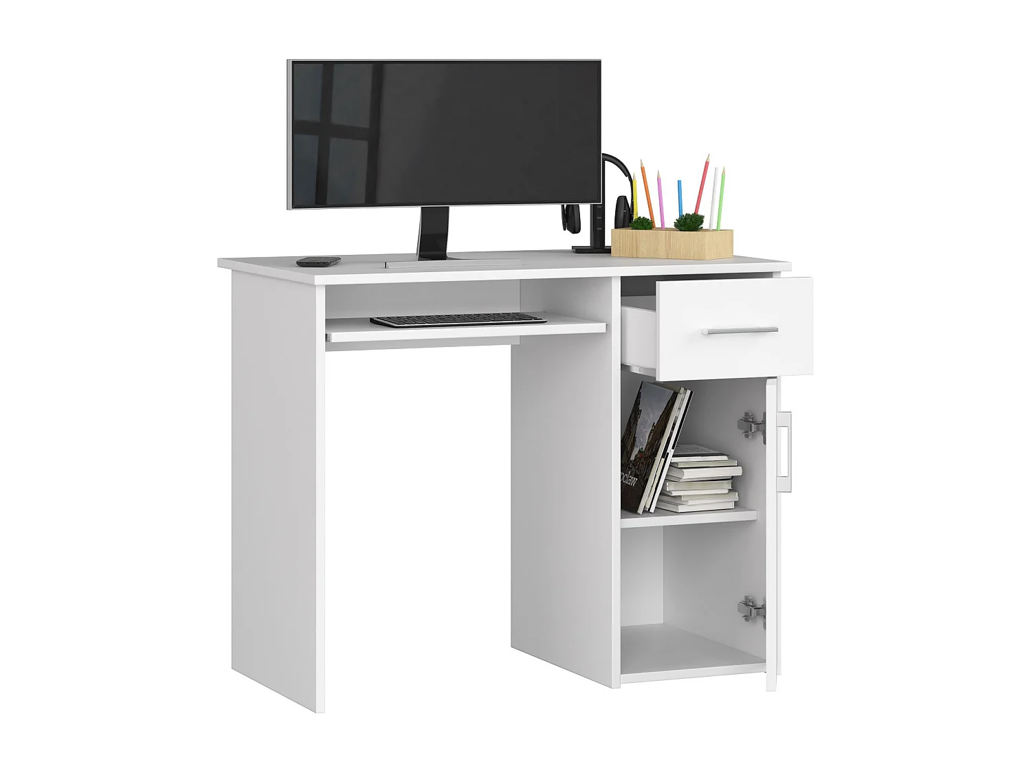Bureau d'ordinateur AKORD PIN Blanc 90 cm 1 porte 1 tiroir façade Blanche 3 étagères 90x50x74 cm