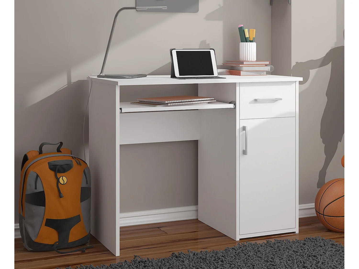 Bureau d'ordinateur AKORD PIN Blanc 90 cm 1 porte 1 tiroir façade Blanche 3 étagères 90x50x74 cm