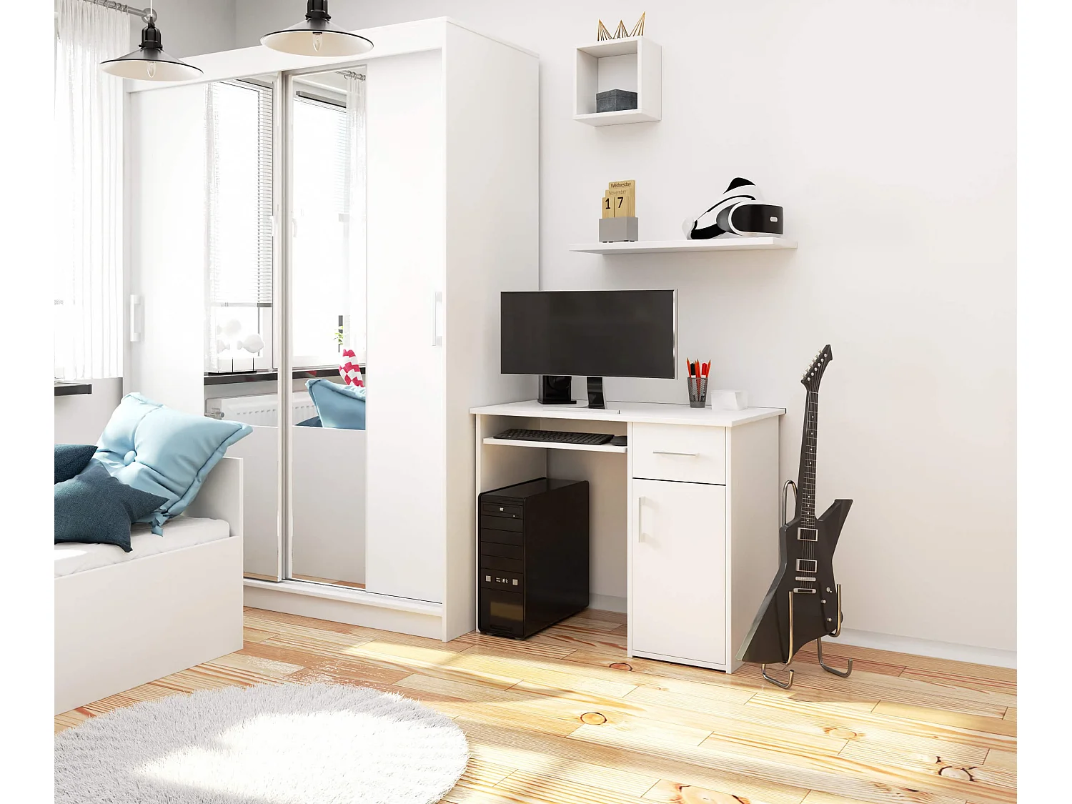 Bureau d'ordinateur AKORD PIN Blanc 90 cm 1 porte 1 tiroir façade Blanche 3 étagères 90x50x74 cm