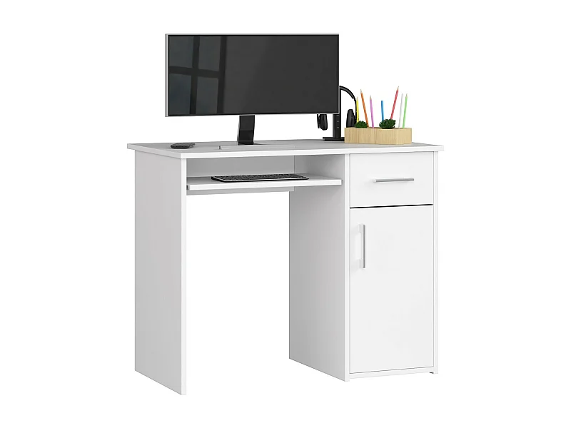Bureau d'ordinateur AKORD PIN Blanc 90 cm 1 porte 1 tiroir façade Blanche 3 étagères 90x50x74 cm