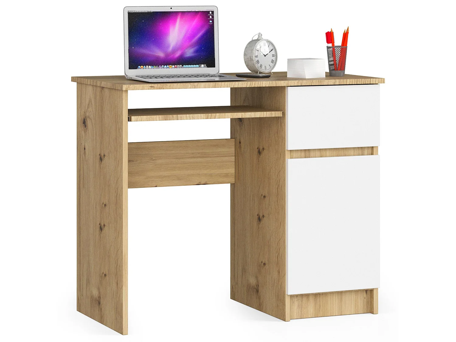 Bureau d'ordinateur AKORD droit PIKSEL Chêne Artisan 90 cm 1 porte 1 tiroir façade Blanche 3 étagères 90x50x77 cm