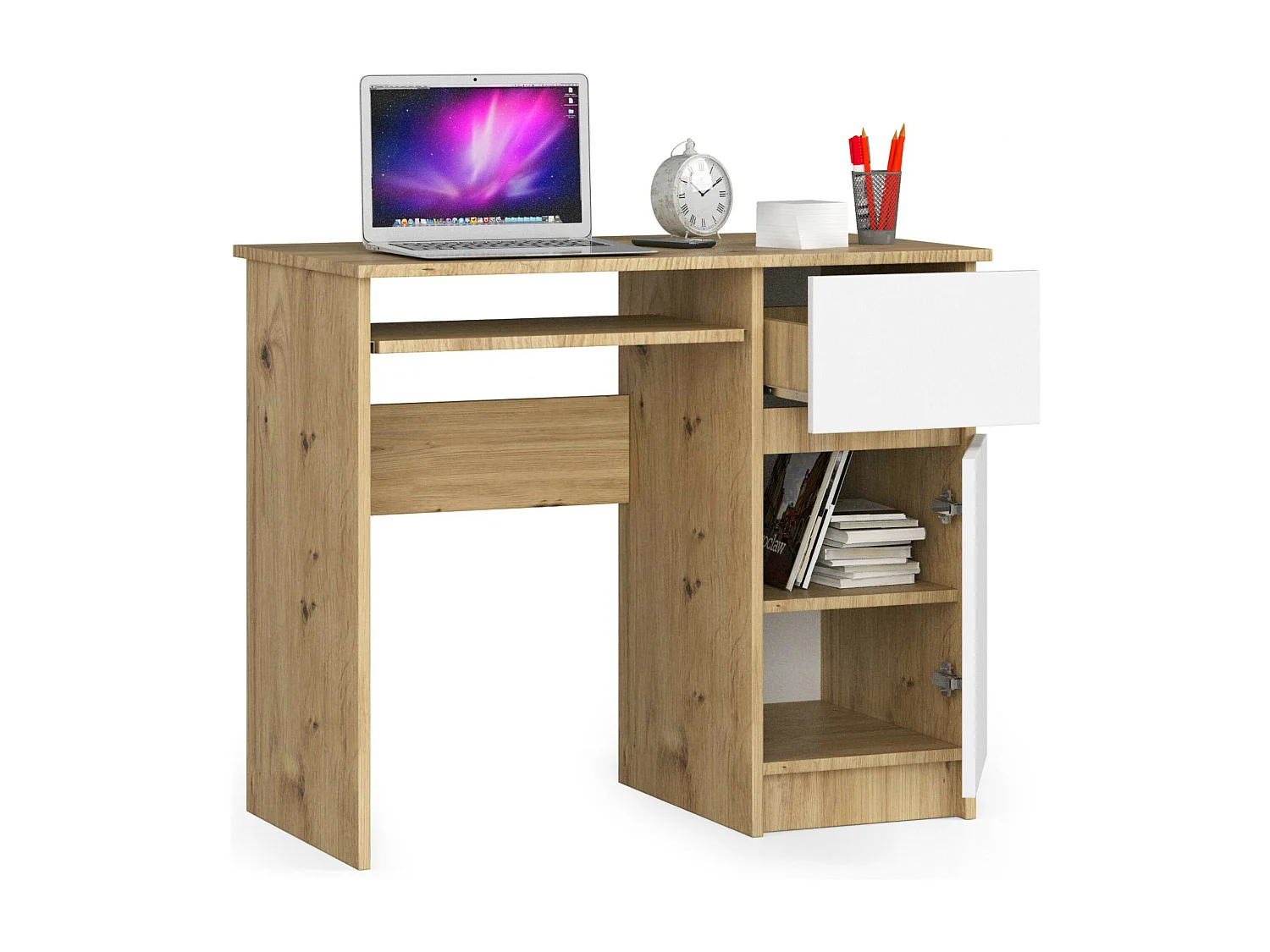 Bureau d'ordinateur AKORD droit PIKSEL Chêne Artisan 90 cm 1 porte 1 tiroir façade Blanche 3 étagères 90x50x77 cm