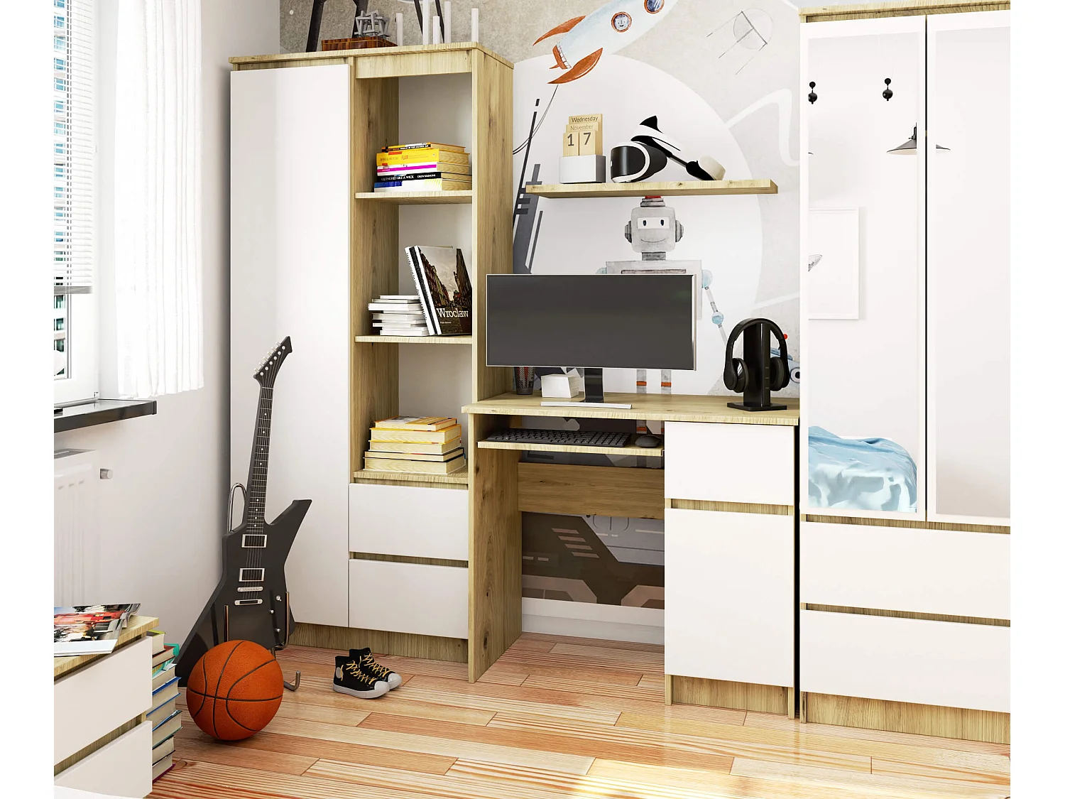 Bureau d'ordinateur AKORD droit PIKSEL Chêne Artisan 90 cm 1 porte 1 tiroir façade Blanche 3 étagères 90x50x77 cm