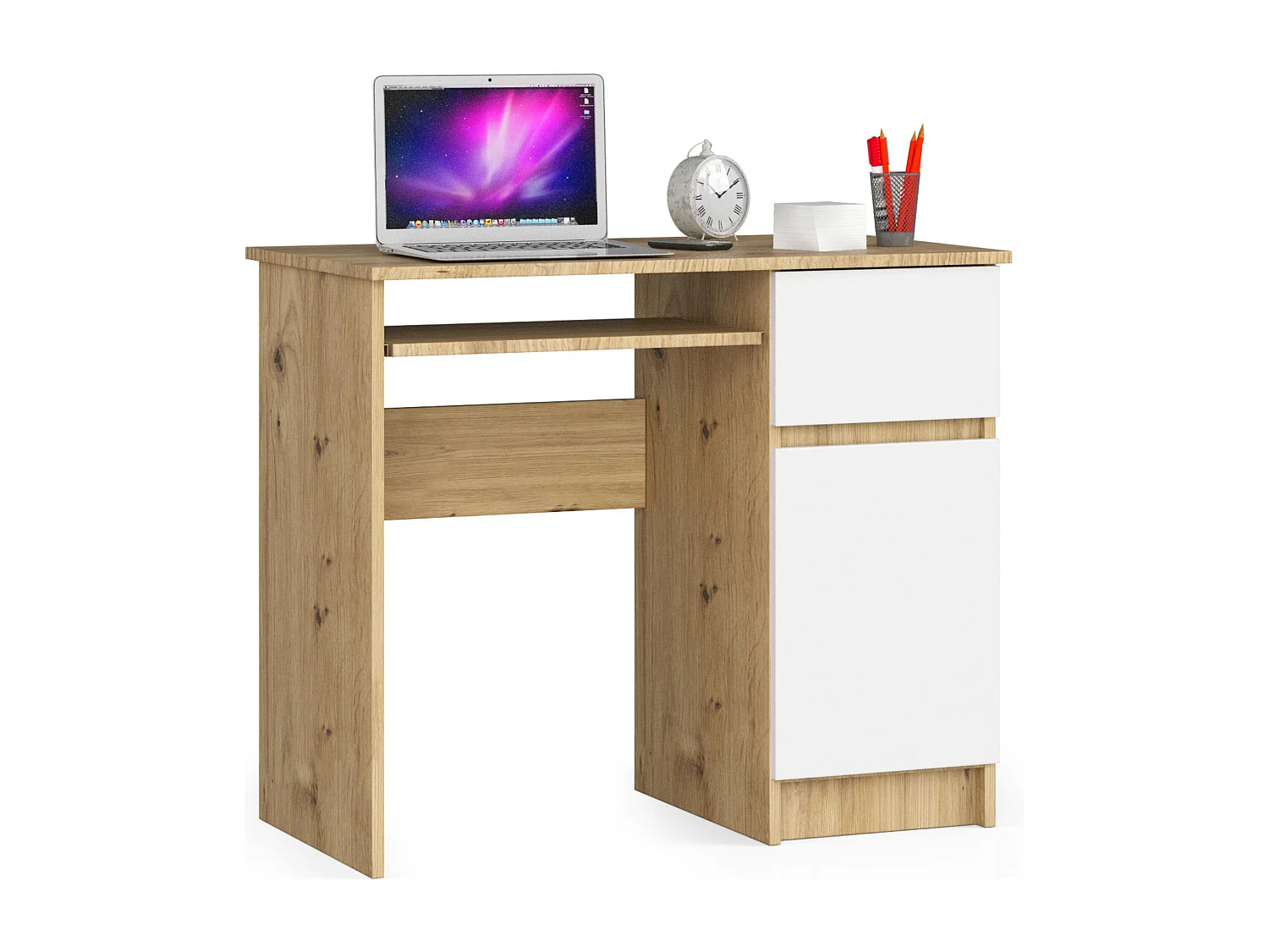 Bureau d'ordinateur AKORD droit PIKSEL Chêne Artisan 90 cm 1 porte 1 tiroir façade Blanche 3 étagères 90x50x77 cm