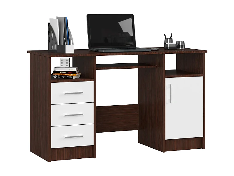 Ana Staand Bureau - Wenge/Bianco 124cm - 3 Lades en 1 Deur - Mat Afwerking - Laminaat met ABS Afwerking - Zelfmontage - Praktisch met Toetsenbord Lade