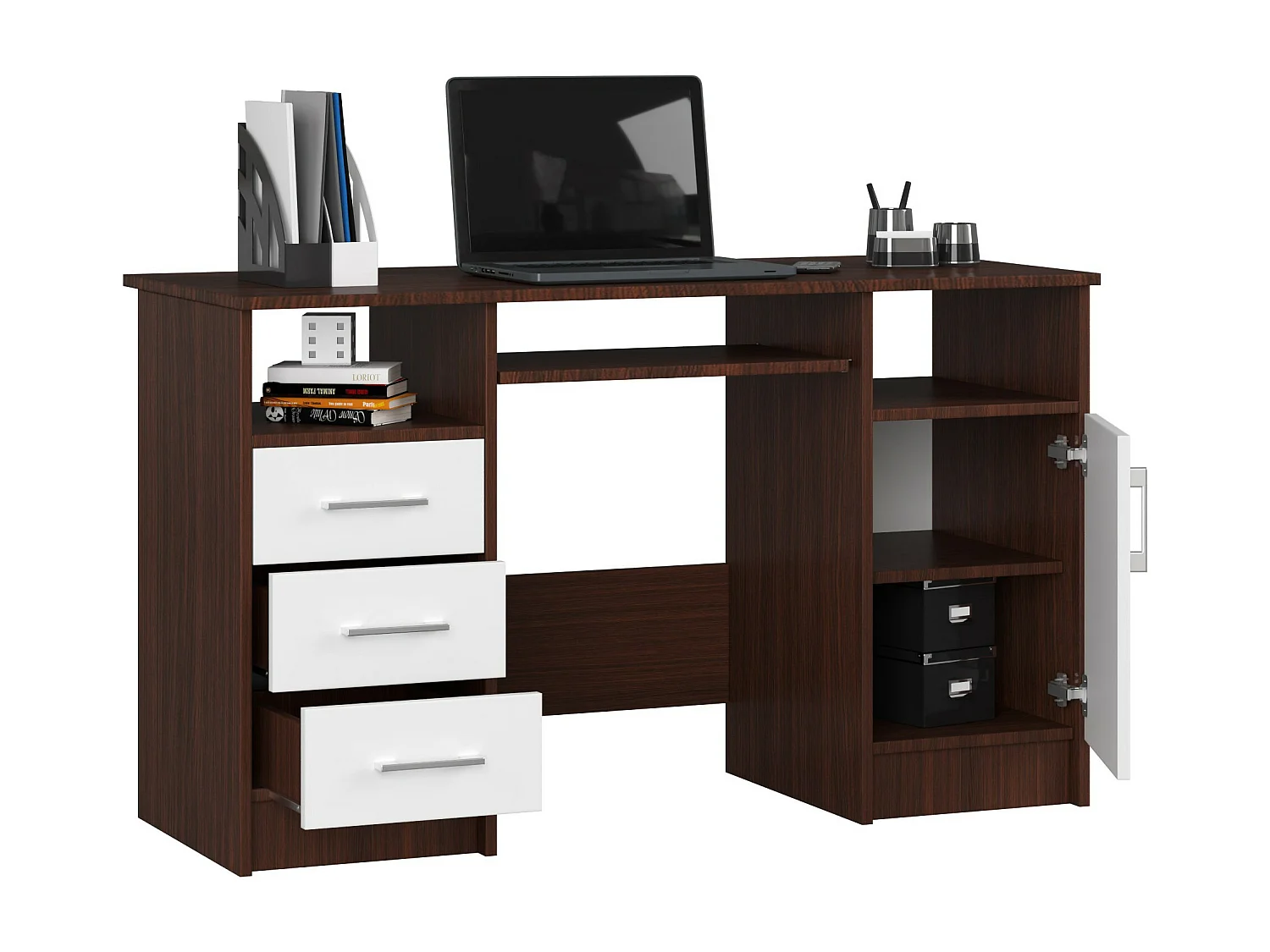 Bureau d'ordinateur AKORD ANA Wengé 124 cm 1 porte 3 tiroirs façade Blanche 5 étagères 124x52x74 cm