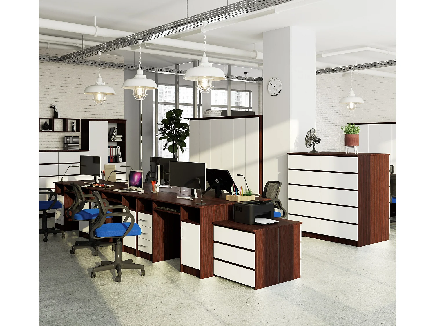 Bureau d'ordinateur AKORD ANA Wengé 124 cm 1 porte 3 tiroirs façade Blanche 5 étagères 124x52x74 cm