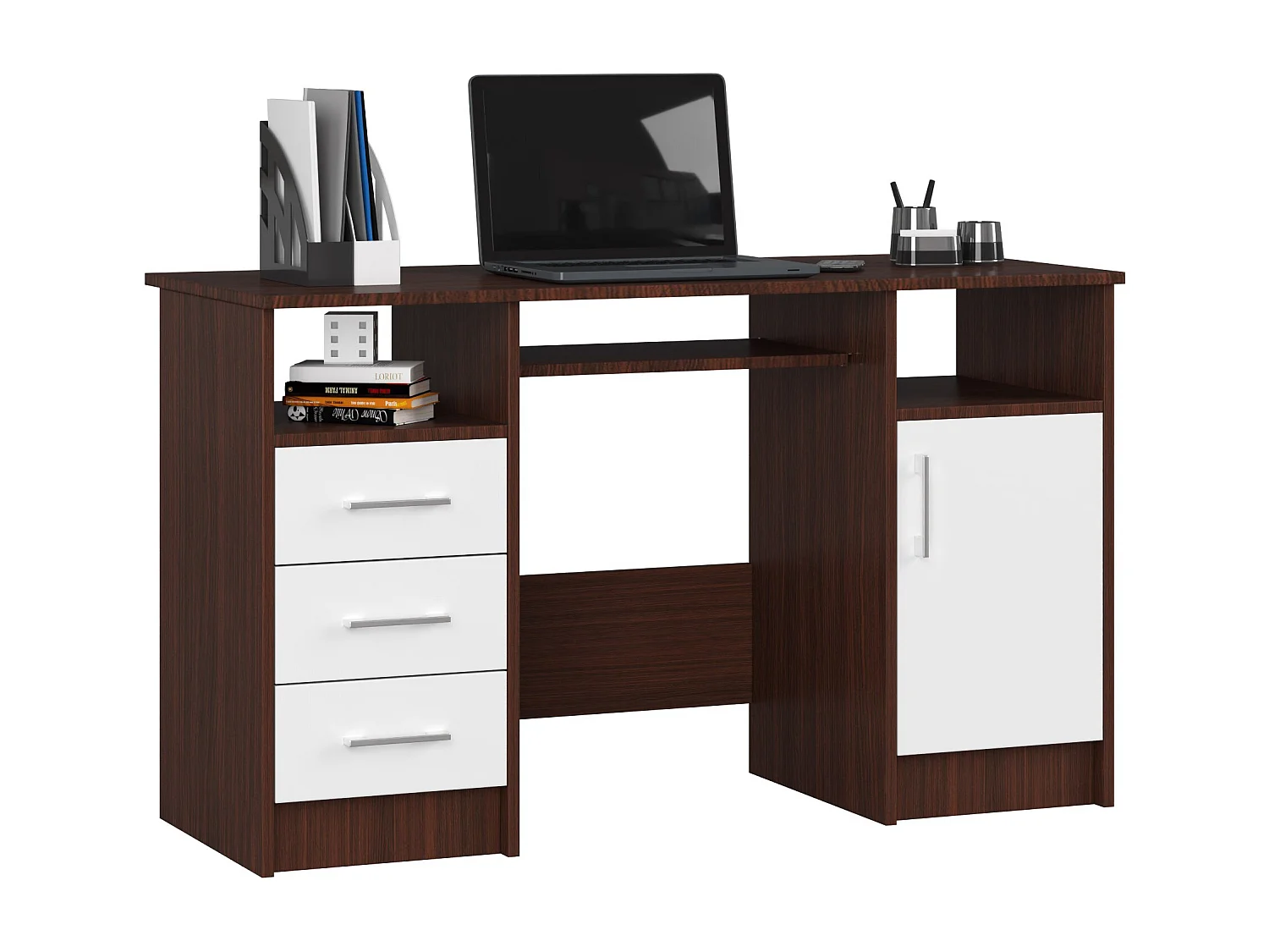 Bureau d'ordinateur AKORD ANA Wengé 124 cm 1 porte 3 tiroirs façade Blanche 5 étagères 124x52x74 cm