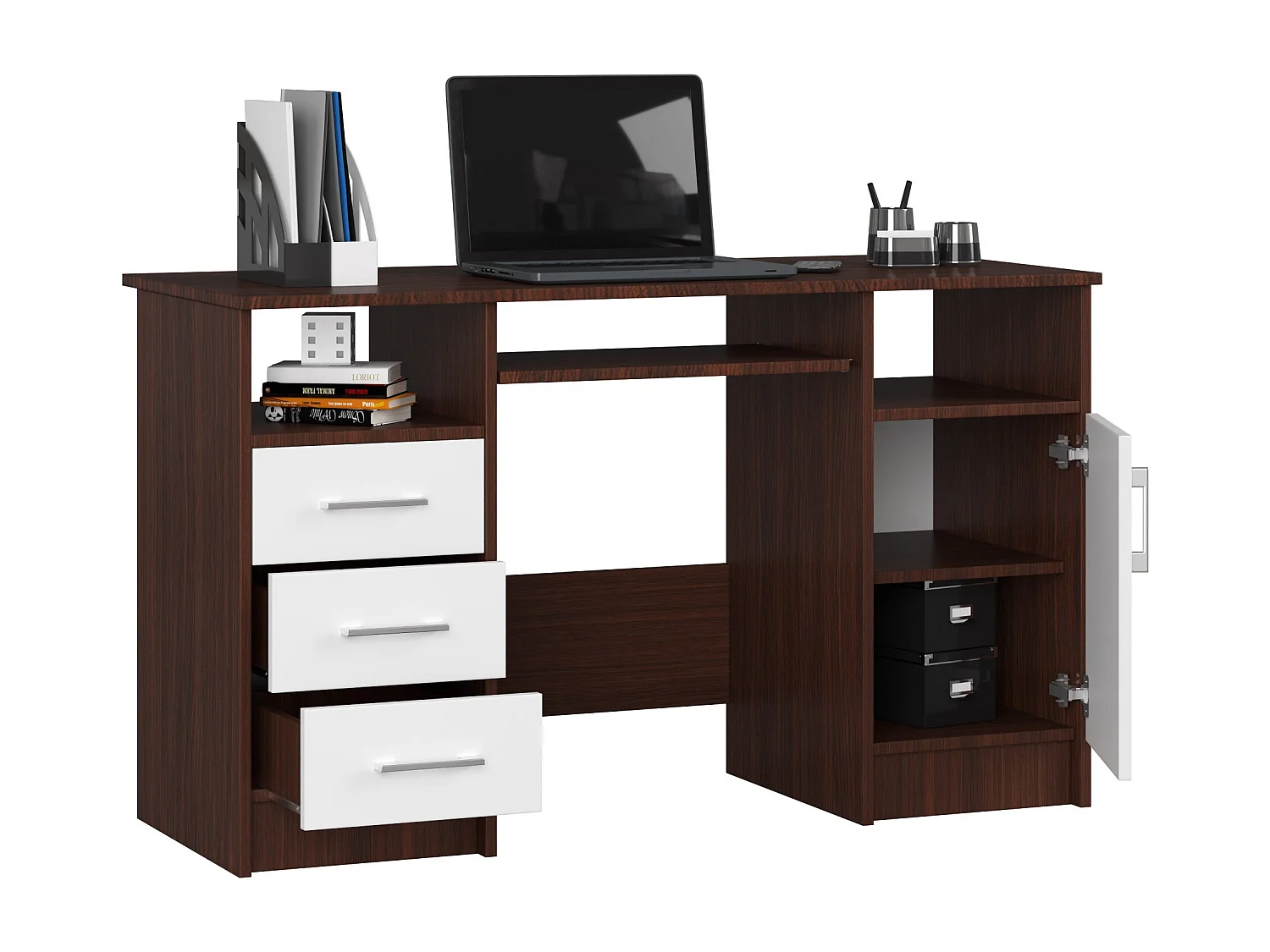 Bureau d'ordinateur AKORD ANA Wengé 124 cm 1 porte 3 tiroirs façade Blanche 5 étagères 124x52x74 cm
