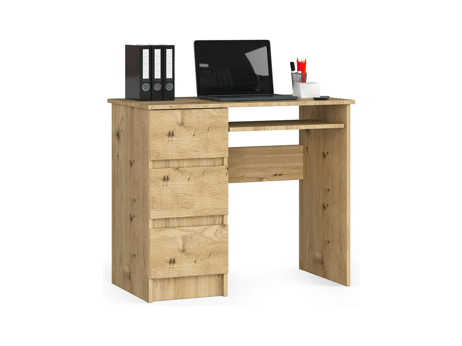 Bureau d'ordinateur AKORD gauche A6 Chêne Artisan 90 cm 3 tiroirs façade Chêne Artisan 1 étagère 90x50x77 cm