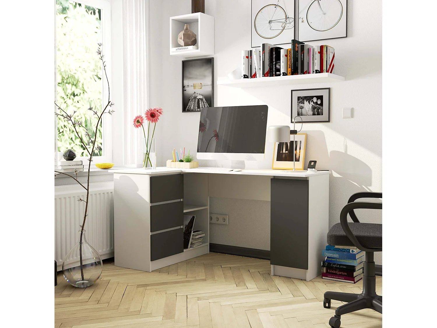 Bureau AKORD d'angle gauche B20 Blanc 155 cm 1 porte 3 tiroirs façade Gris Graphite 4 étagères 155x85x77 cm