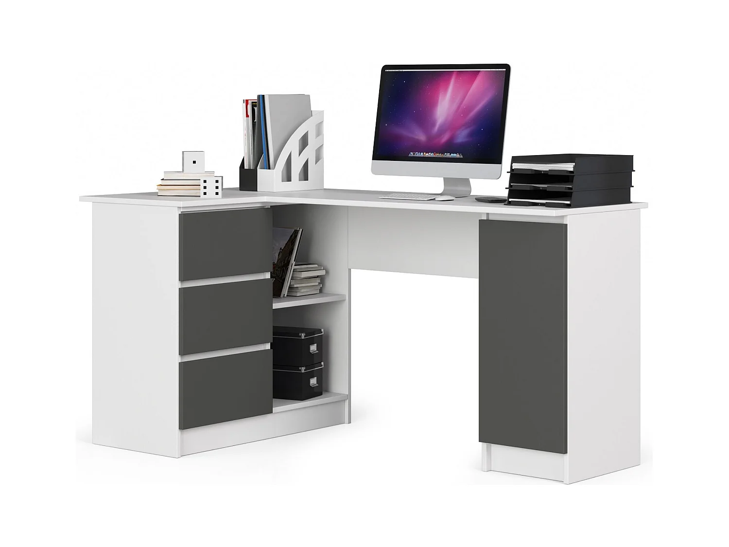 Bureau AKORD d'angle gauche B20 Blanc 155 cm 1 porte 3 tiroirs façade Gris Graphite 4 étagères 155x85x77 cm