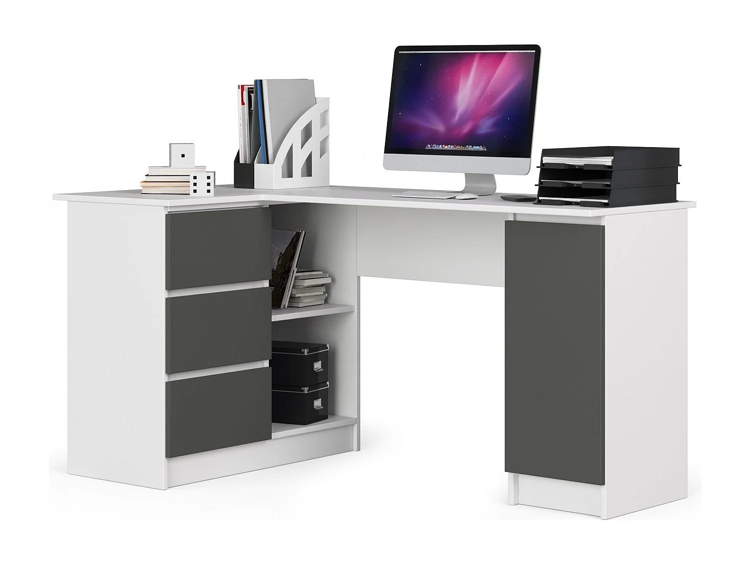 Hoekbureau Links B20 / Computerbureau / Computer Tafel / Bureautafel Links / Wit - Grafietgrijs / 155 x 77 x 85 cm