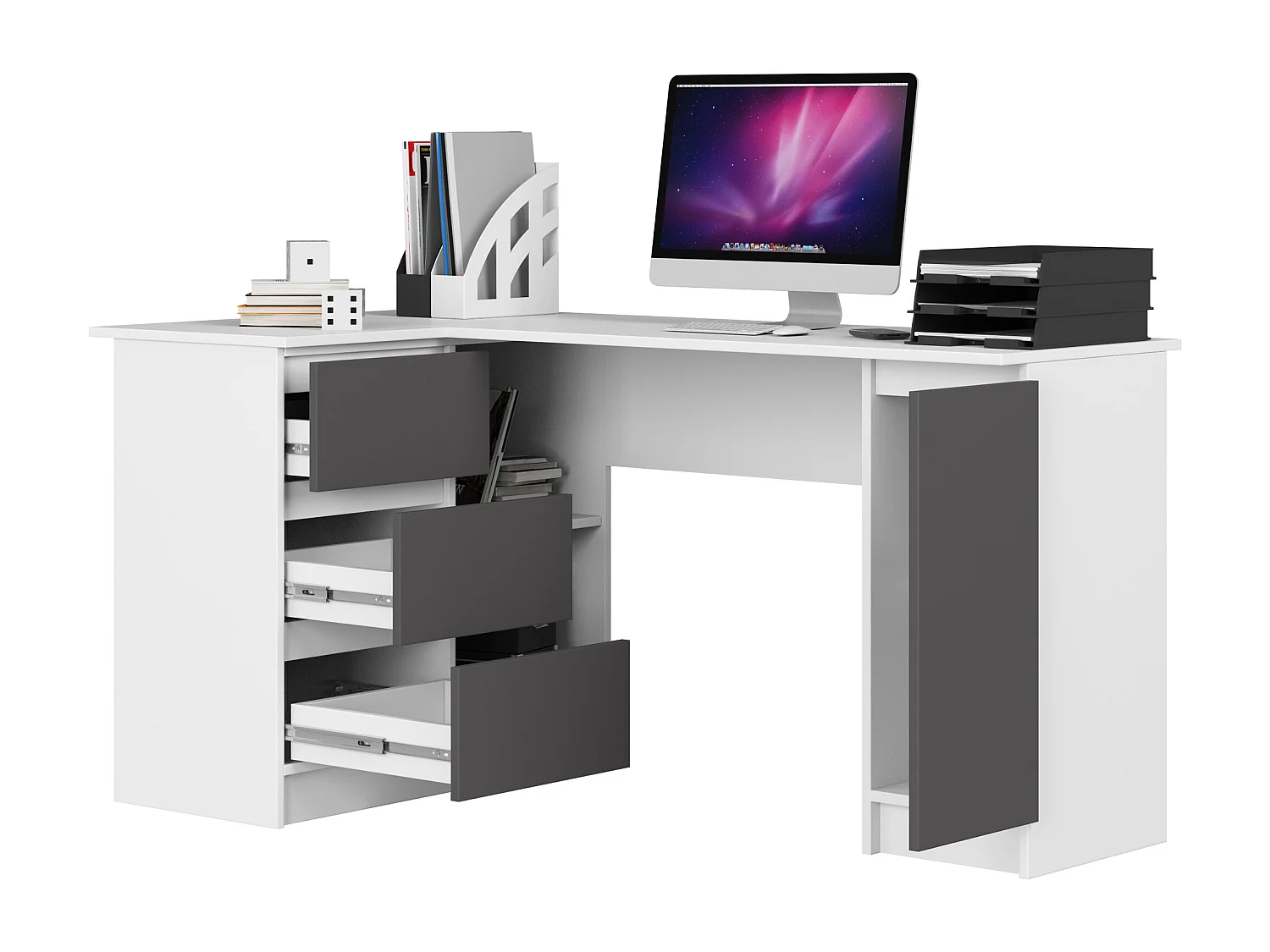 Hoekbureau Links B20 / Computerbureau / Computer Tafel / Bureautafel Links / Wit - Grafietgrijs / 155 x 77 x 85 cm