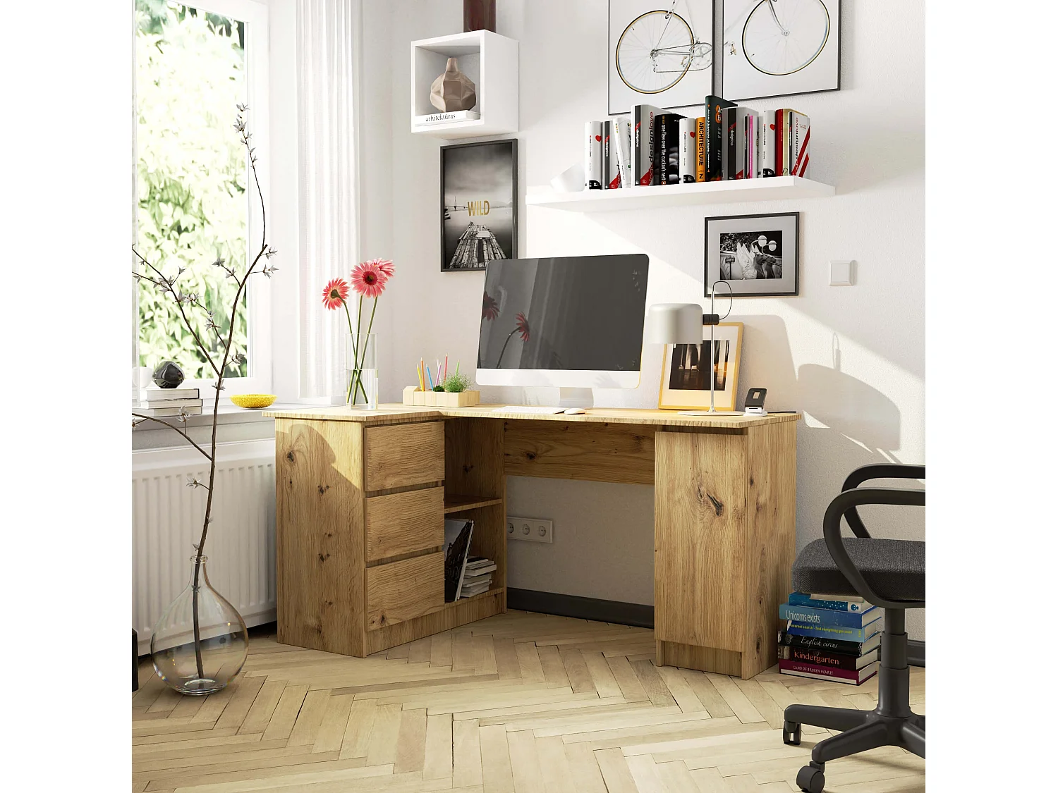 Hoekbureau B20 155 cm Links - Eiken Artisan - 3 Laden en 4 Planken