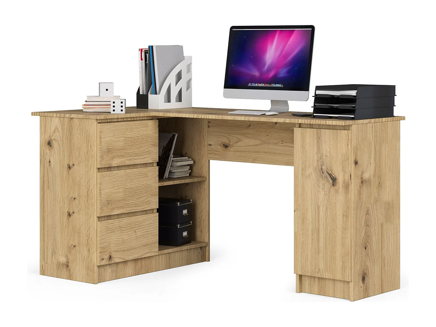 Grand bureau d'angle AKORD gauche B20 Chêne Artisan 155 cm 1 porte 3 tiroirs façade Chêne Artisan 4 étagères 155x85x77 cm