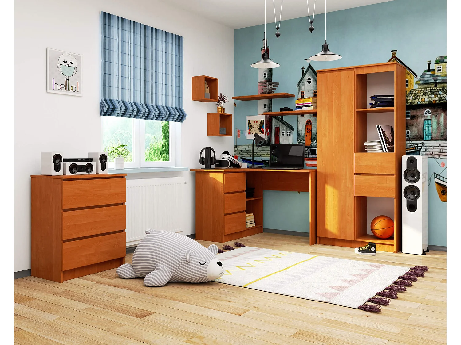 Biurko narożne AKORD B16 Olcha 124 cm lewe 3 szuflady kolor Olcha mat 2 półki 124x85x77 cm