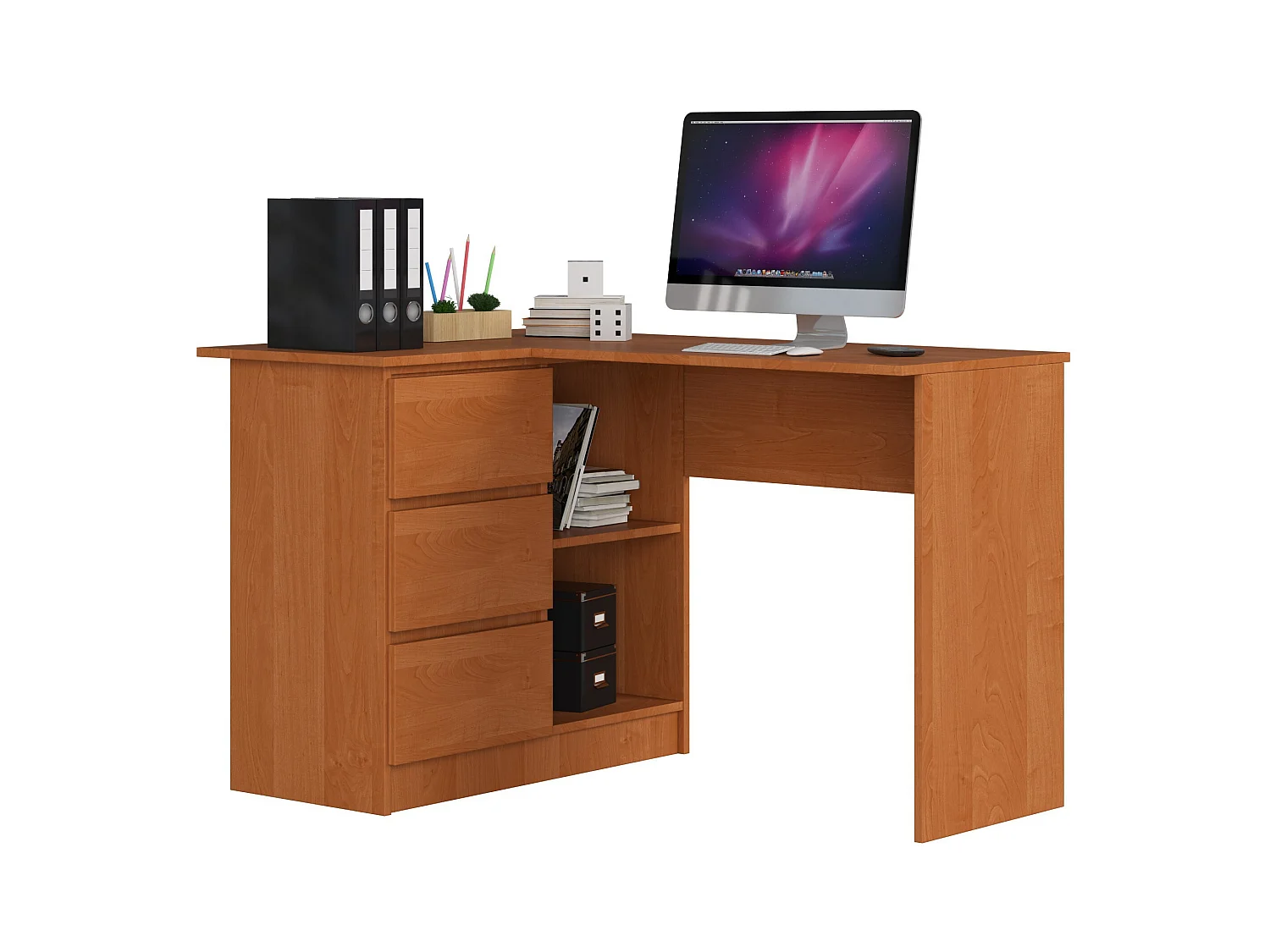 Bureau AKORD d'angle gauche B16 Aulne 124 cm 3 tiroirs façade Aulne 2 étagères 124x85x77 cm