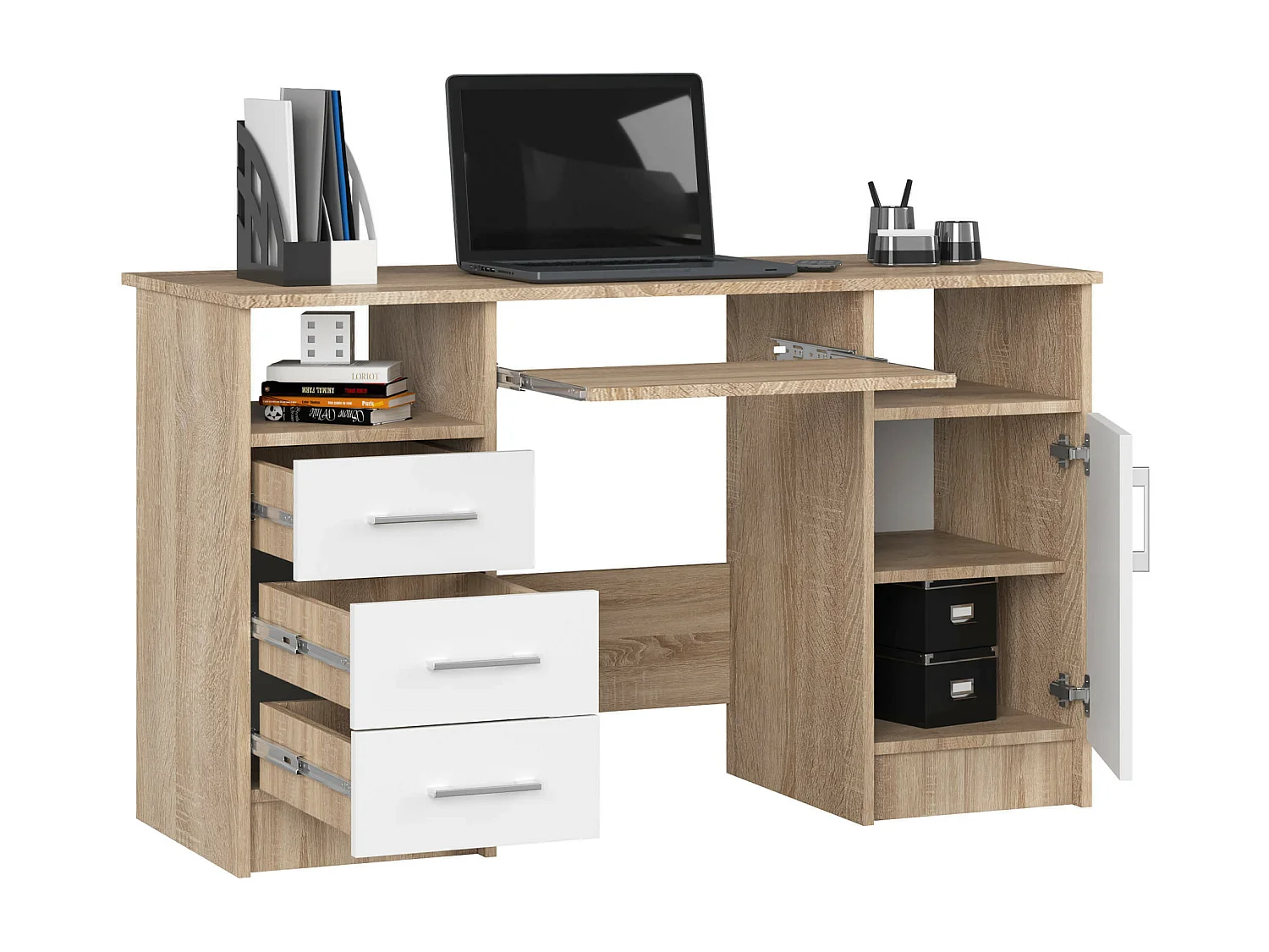 PC-Schreibtisch AKORD ANA in der Farbe Sonoma-Eiche mit 3 Schubladen Front Weiß und 5 Ablagen B124 x H74 x T52 cm